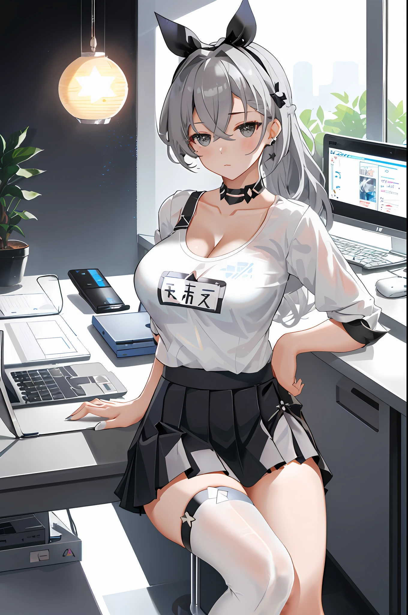 Silver wolf, honkai star rail, 1girl, solo, ((white shirt)), black thighhighs, breasts, cleavage, uniform, office background, black skirt, pleated skirt, office, hair between eyes, hair ornament, large breasts, long hair, looking at viewer, silver short nails, grey eyes, solo, thighhighs, thighs, ((masterpiece)), sitting, chair, desk, computer on desk, name tag, id tag, indoor, blush, sexy pose, hands behind,