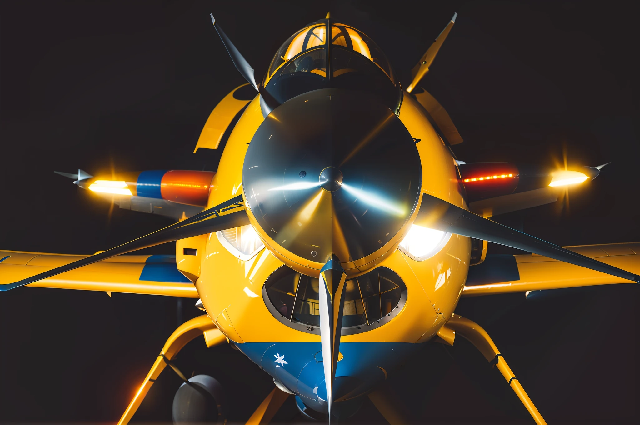 a close up of a yellow airplane with a propeller and a man inside, photo mid shot, it has six thrusters in the back, truncated snout under visor, frontal shot, high angle close up shot, cinematic front shot, yellow lighting from right, snout under visor, night shot, front profile shot, portrait n - 9, close - up photo