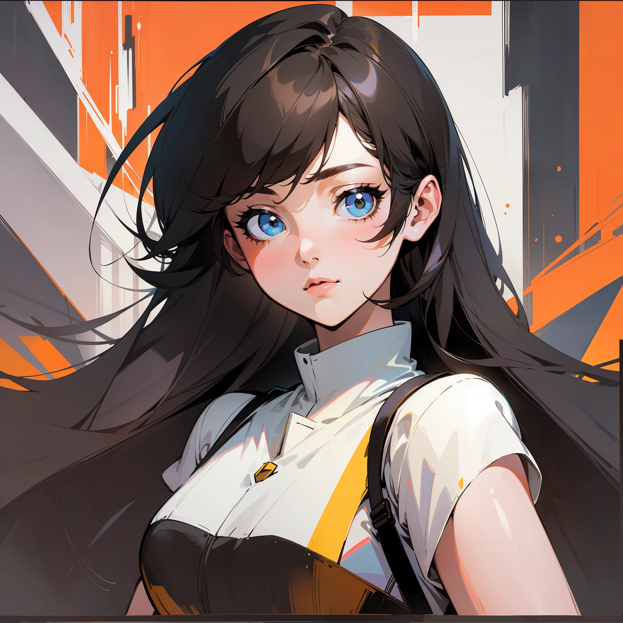 Deep brunette girl, real real light, minimalist comic book style, ultra-fine block painting style, high color background, high contrast details, pure black shadow.