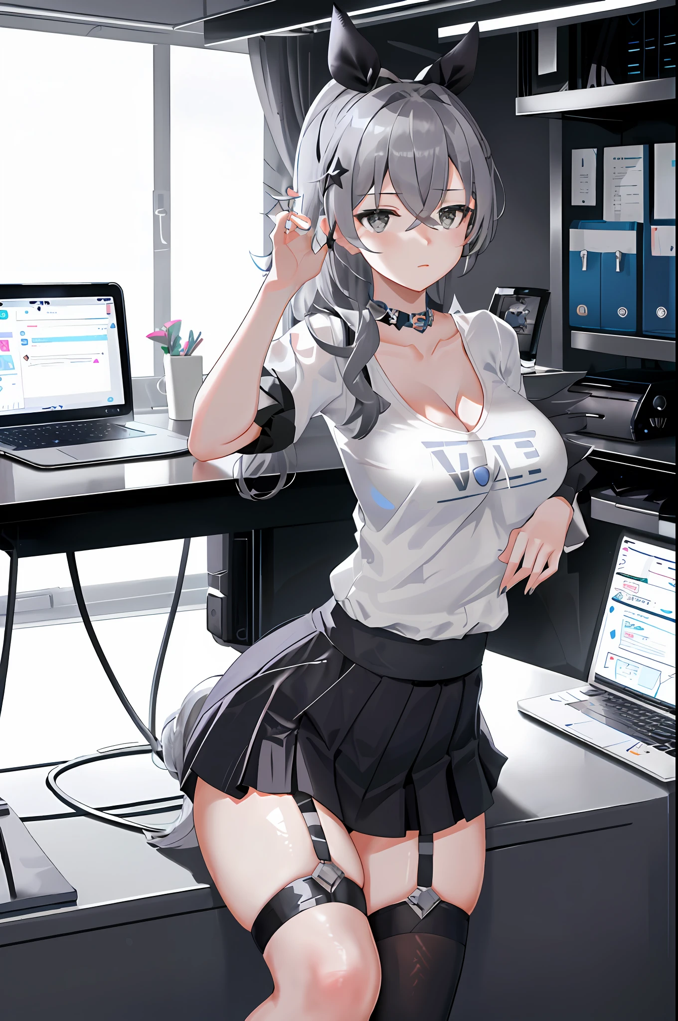 Silver wolf, honkai star rail, 1girl, solo, ((white shirt)), black thighhighs, breasts, cleavage, uniform, office background, black skirt, pleated skirt, office, hair between eyes, hair ornament, large breasts, long hair, looking at viewer, silver short nails, grey eyes, solo, thighhighs, thighs, ((masterpiece)), sitting, chair, desk, computer on desk, name tag, id tag, indoor, blush, sexy pose, hands behind,
