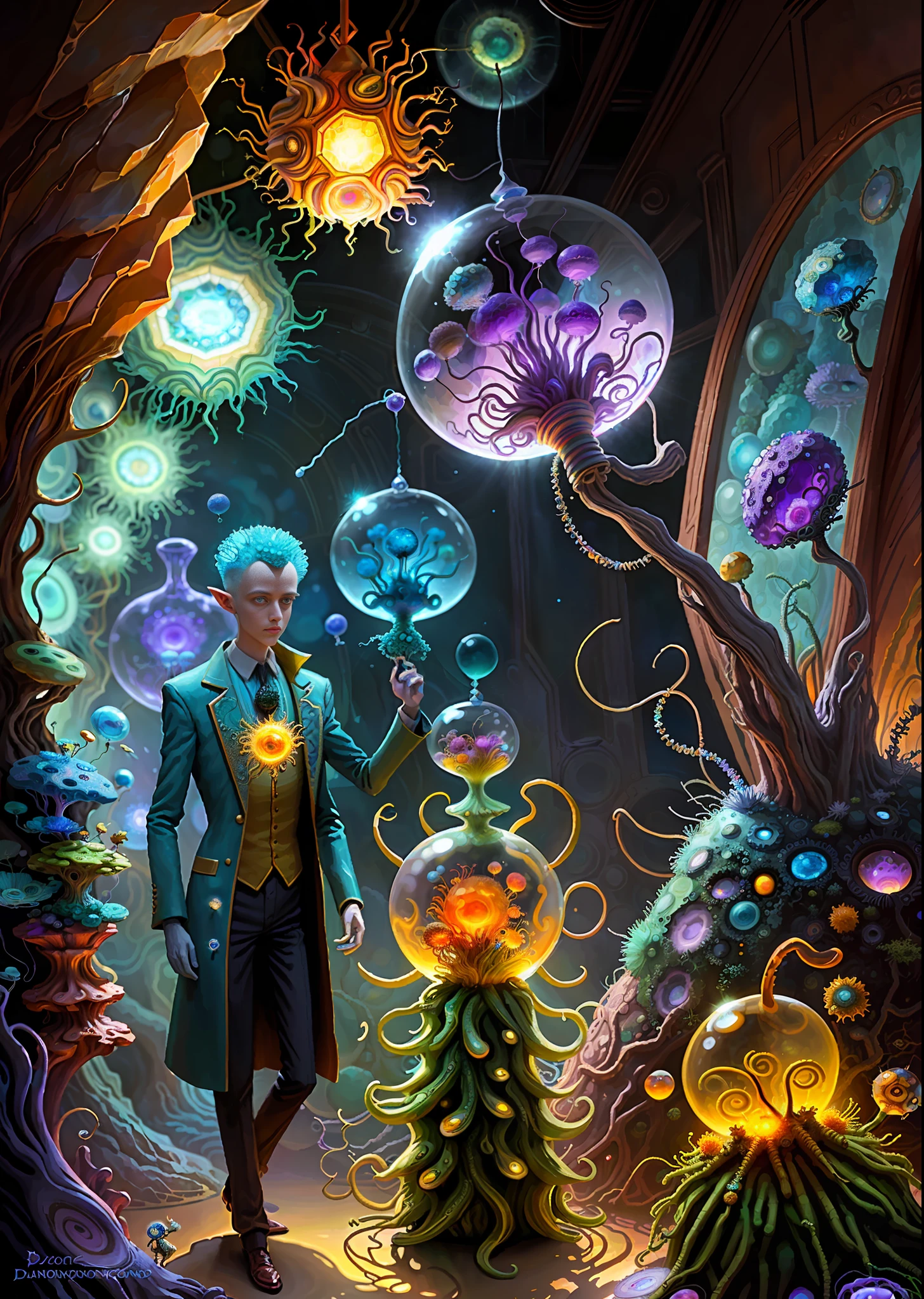 Elfin protozoa, surreal, dandelionwanderer, agate geodes, by Dan Mumford, , Dr. Seuss, WLOP, , dandelionseer, flowervirus, big eyes