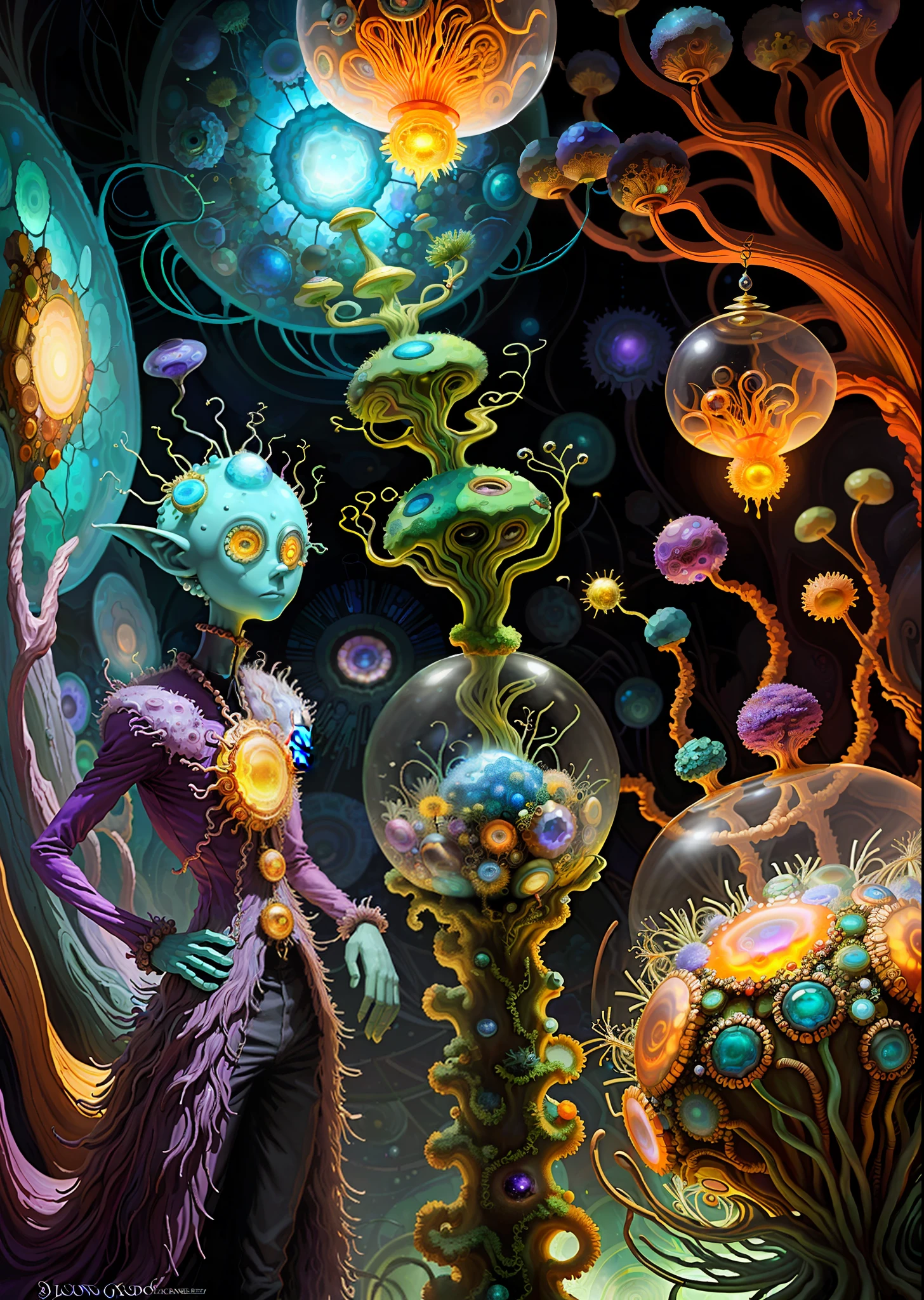 Elfin protozoa, surreal, dandelionwanderer, agate geodes, by Dan Mumford, , Dr. Seuss, WLOP, , dandelionseer, flowervirus, big eyes