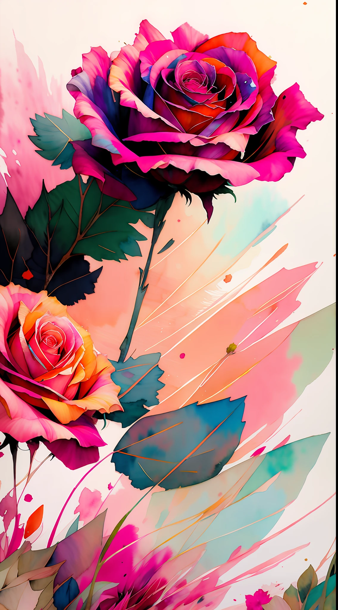 wtrcolor style, (rose) digital art, official art, blown by the wind, masterpiece, beautiful, ((watercolor)), paint splatter, intricate detail. Great detail, [dripping:0.7], Trending on Artstation, Rachel Walker