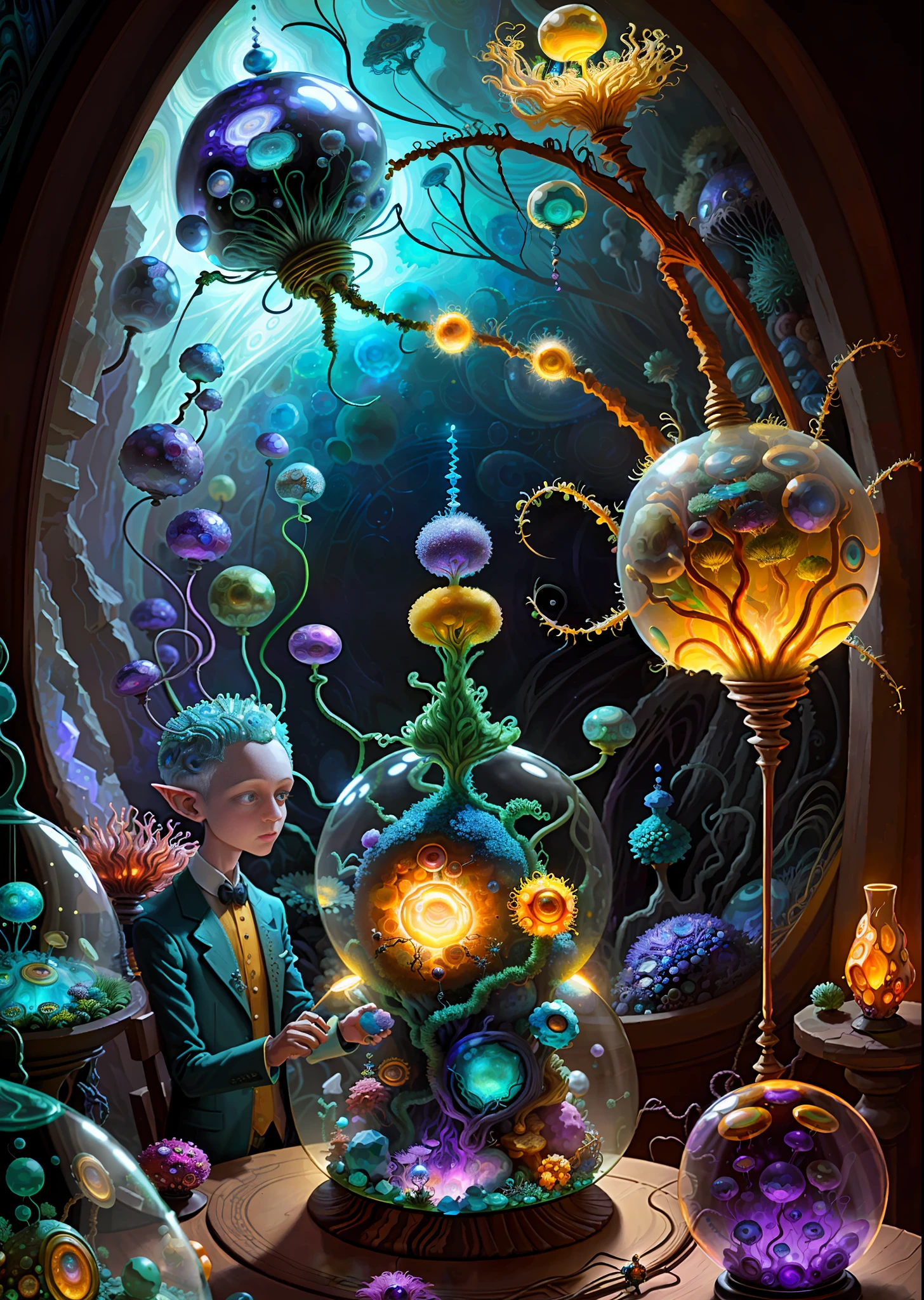 Elfin protozoa, surreal, dandelionwanderer, agate geodes, by Dan Mumford, , Dr. Seuss, WLOP, , dandelionseer, flowervirus, big eyes