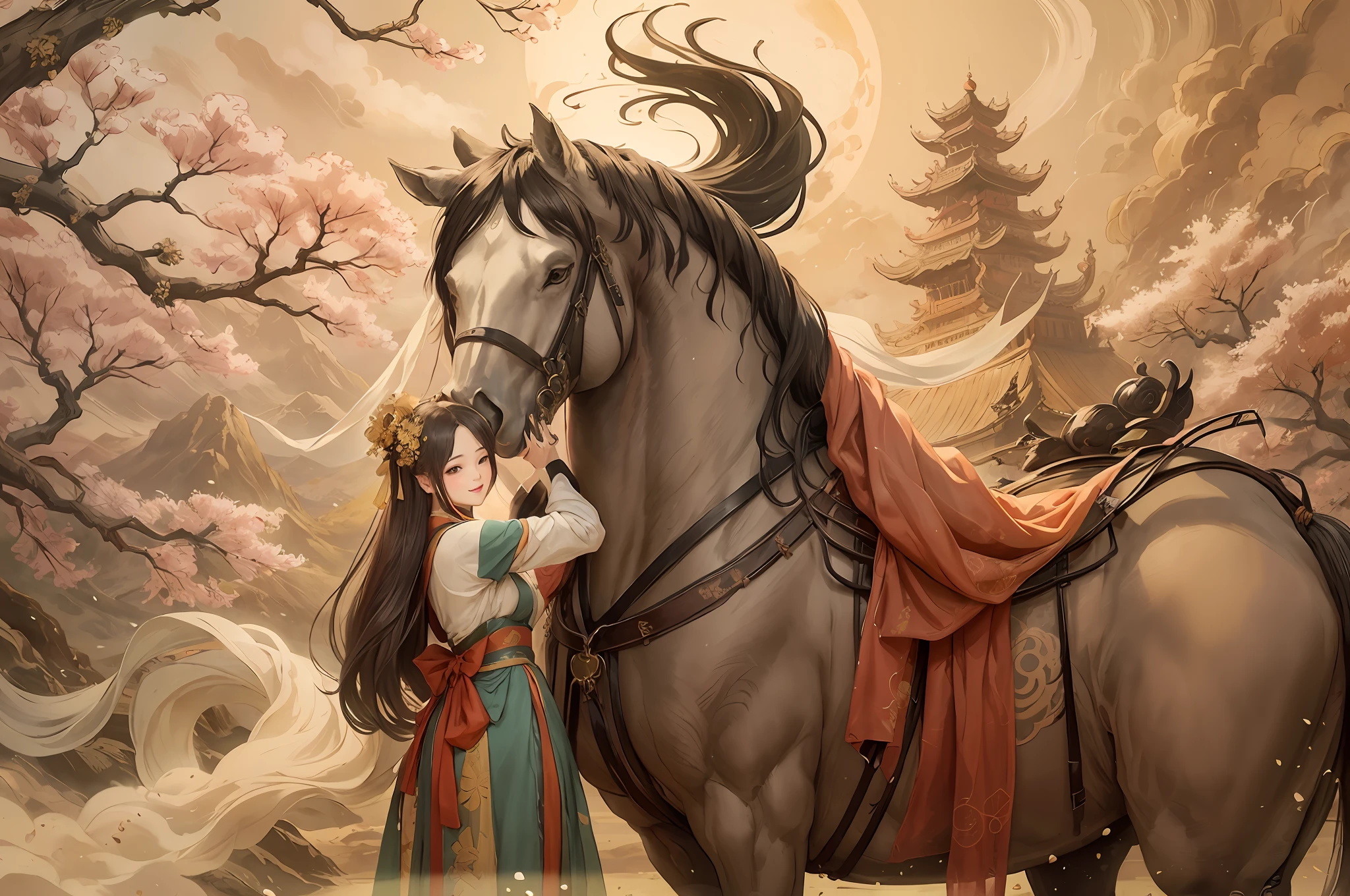 Shuk walking horse, negative space, sunglasses, standing female statue, willow branch, (masterpiece, best quality:1.2), Chinese painting, model style, peace, (smile), looking at the audience, wearing long hanfu, hanfu, song, willow tree in background, five changshuo, on the top of the mountain,