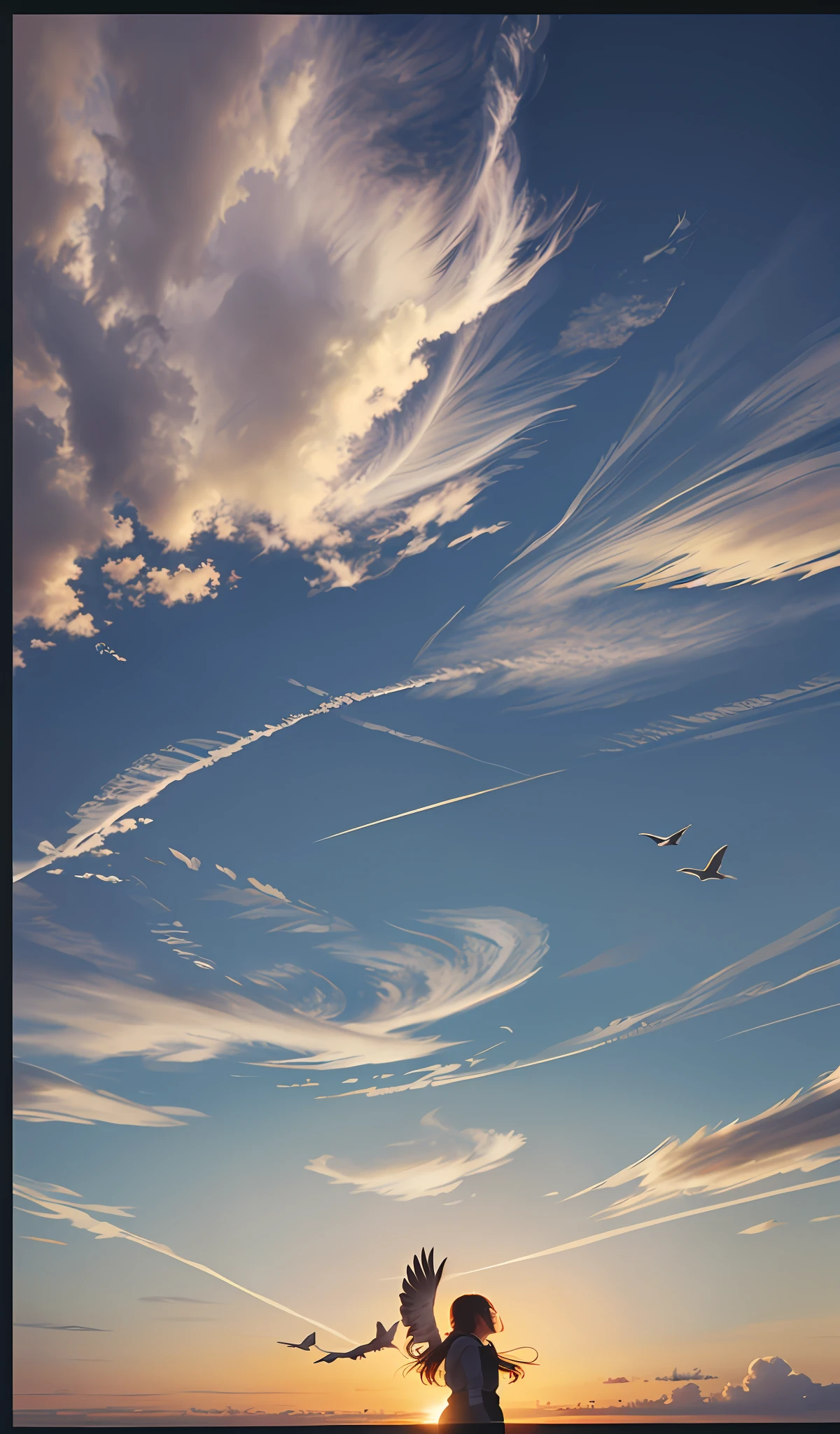 a woman looking up at the sky, with sunsets, birds, yellow clouds