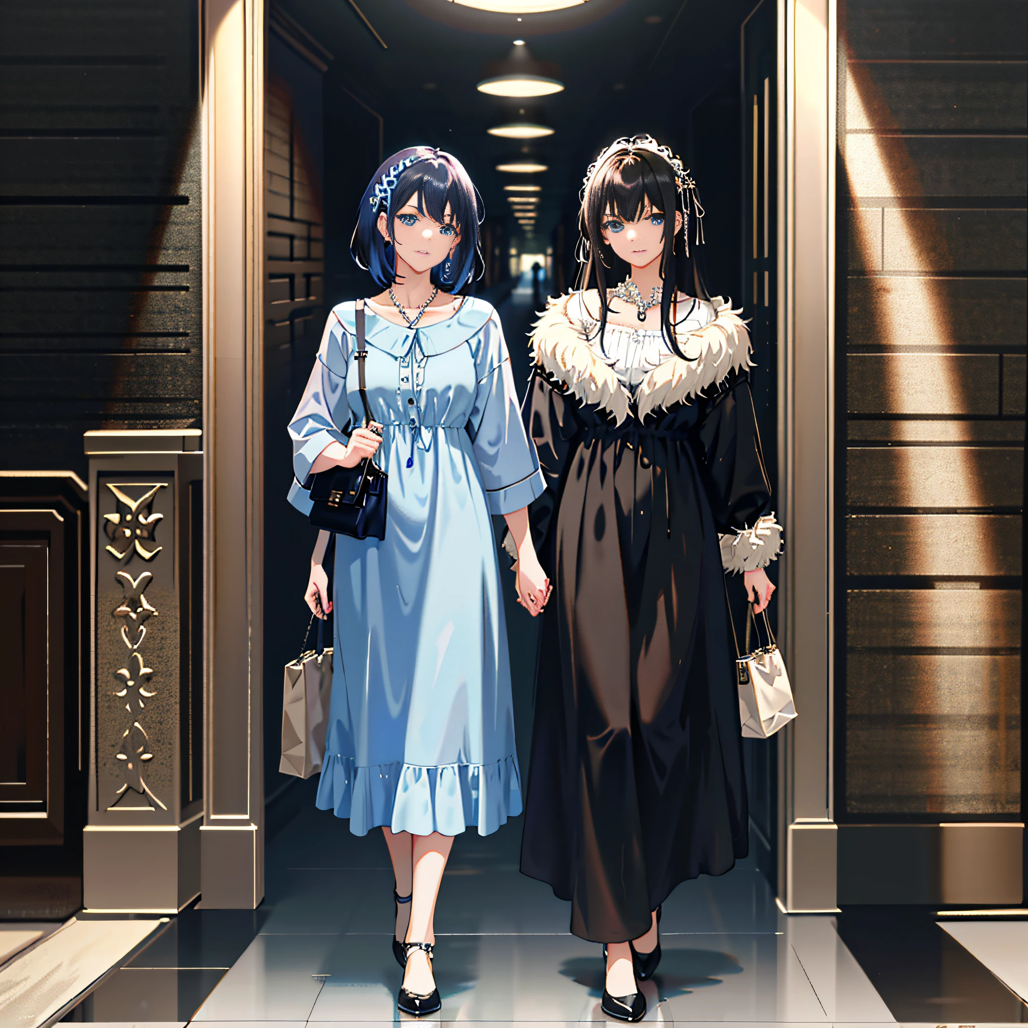 Girls - 3 people, dressed in casual clothes, carrying bags, hair jewelry embellishments, well-groomed bangs, black hair and blue eyes, elegantly looking at the audience, playing a harmonious melody alone, messy hair brushed towards the leaves, carefully looking at the details displayed on the necklace; They stand in the corridor of the building, smiling, showing the latest fashion trends, love the perfect display of digital painting, fresh and beautiful, perfectly unified 8K resolution, with anatomical correctness, embodying conceptual art, which is a popular trend on pixiv and the embodiment of Shinkai Makoto's style.