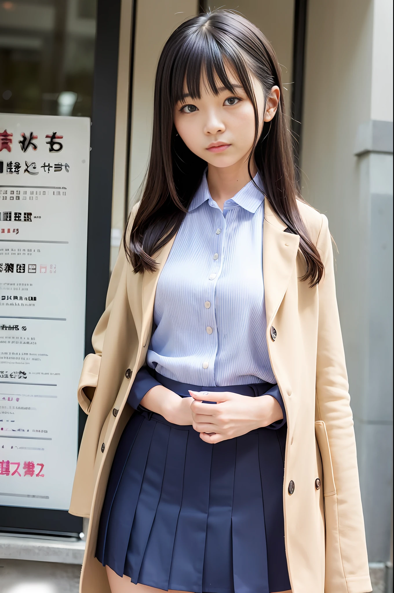 arafed asian woman in a school uniform standing in front of a store, seifuku, japanese school uniform, jk uniform, japanese girl school uniform, wearing japanese school uniform, wearing school uniform, kimi takemura, loose coat collar sailor uniform, wearing a school uniform, chiho, magical school student uniform, narumi kakinouchi, cute schoolgirl