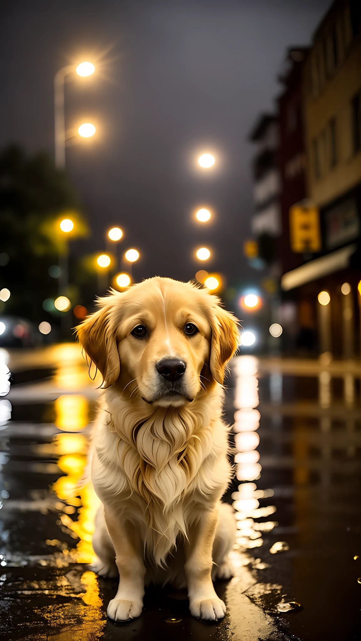 There is a dog on street corner at night, medium and long shot, golden retriever, side, wide golden eyes, beautiful dog head, sad, wet hair, cute dog full of golden layers, night, starry sky, street, heavy rain, road area water