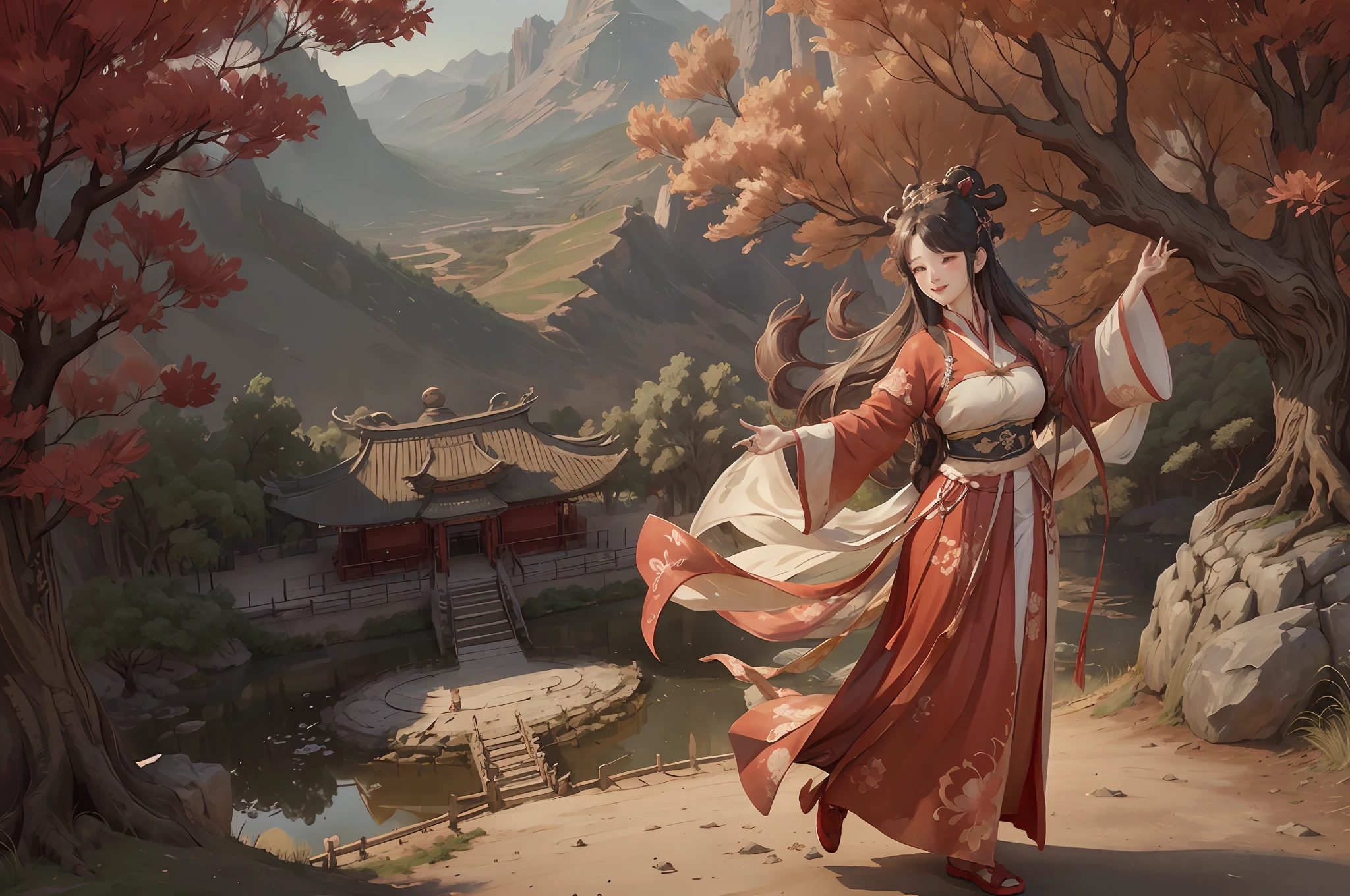 Red Shuk Walking Horse, Negative Space, Sunglasses, Standing Female Statue, Willow Branch, (Masterpiece, Best Quality:1.2), Chinese Painting, Model Style, Peace, (Smile), Looking at the Audience, Wearing Long Hanfu, Hanfu, Song, Willow Tree in Background, Wuchangshuo, on the top of the mountain,