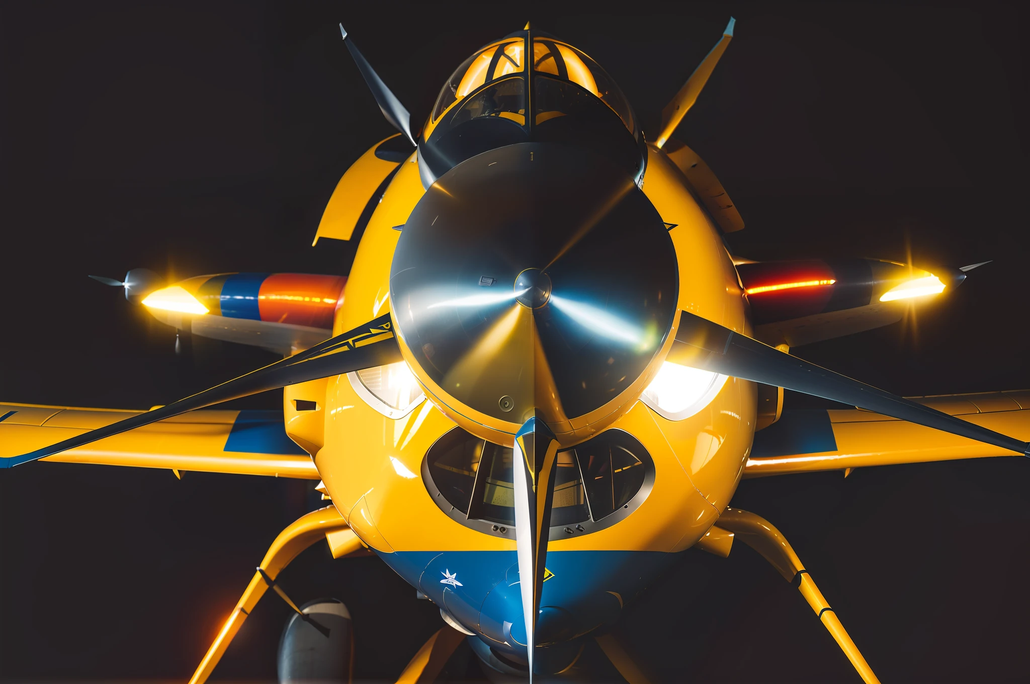 a close up of a yellow airplane with a propeller and a man inside, photo mid shot, it has six thrusters in the back, truncated snout under visor, frontal shot, high angle close up shot, cinematic front shot, yellow lighting from right, snout under visor, night shot, front profile shot, portrait n - 9, close - up photo