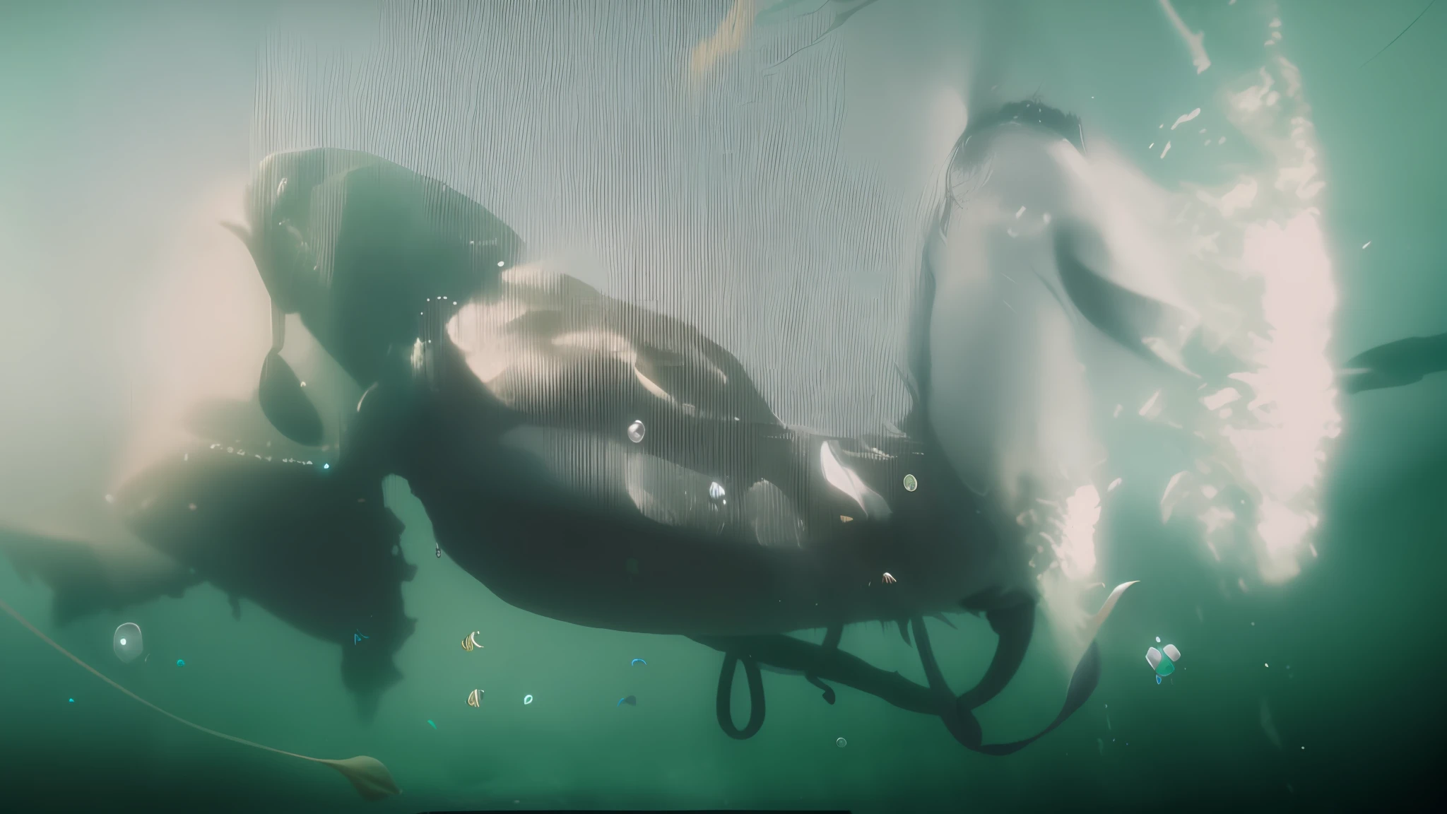 there is a large elephant that is swimming in the water, mermaid cyborg with a laser whip, in a underwater horror scene, thalassophobia, video still, humans hide in the underwater, under water visual distortion, diving suit, sinking underwater, bottom shot, very close shot, netting, underwater shot, old scuba, clematis in the deep sea