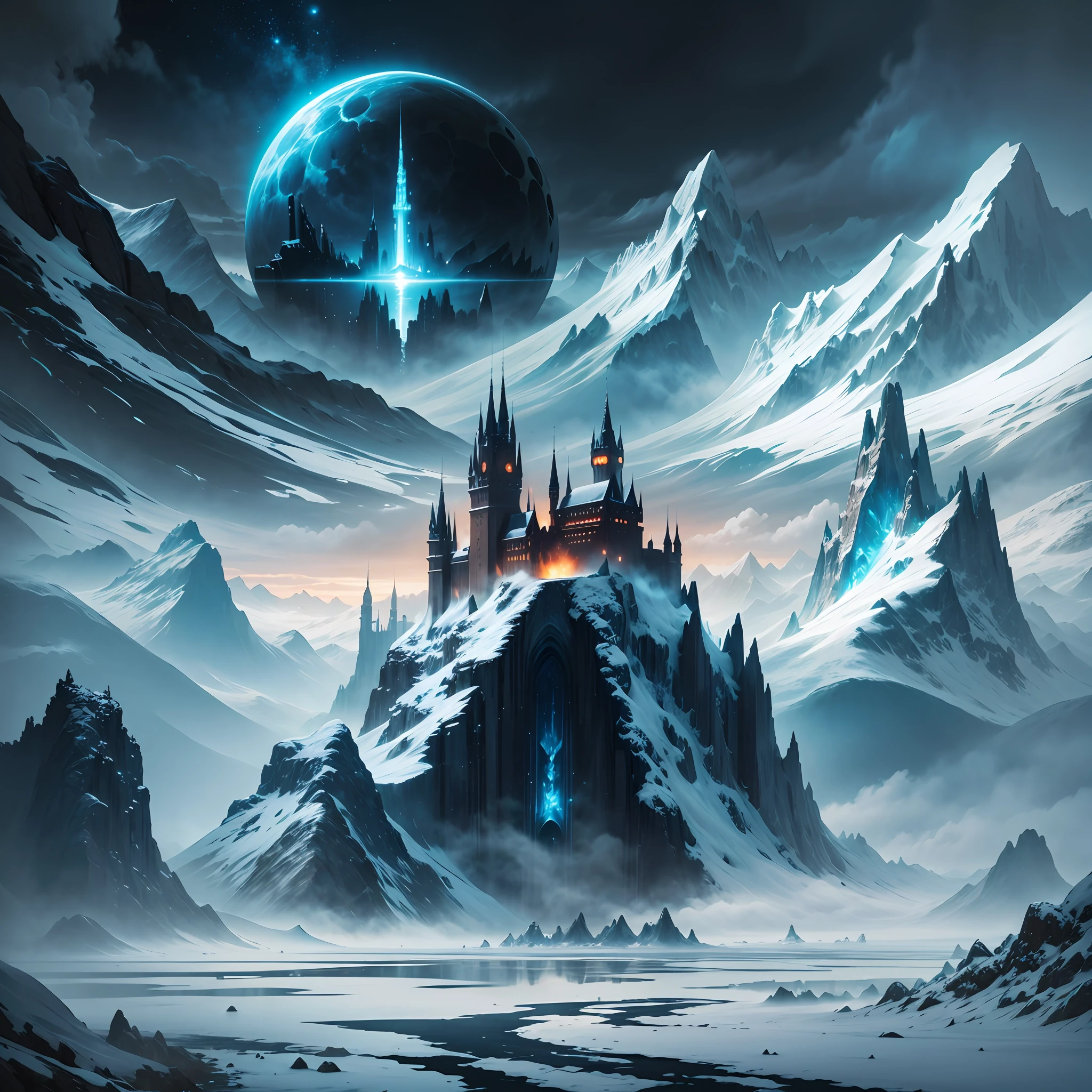 Dystopian alien landscapes, ominous fantasy illustrations, dark fantasy environments, dark fantasy landscapes, epic fantasy landscapes, castles between snowy mountains and clouds, castles with mountains blending into one --auto --s2