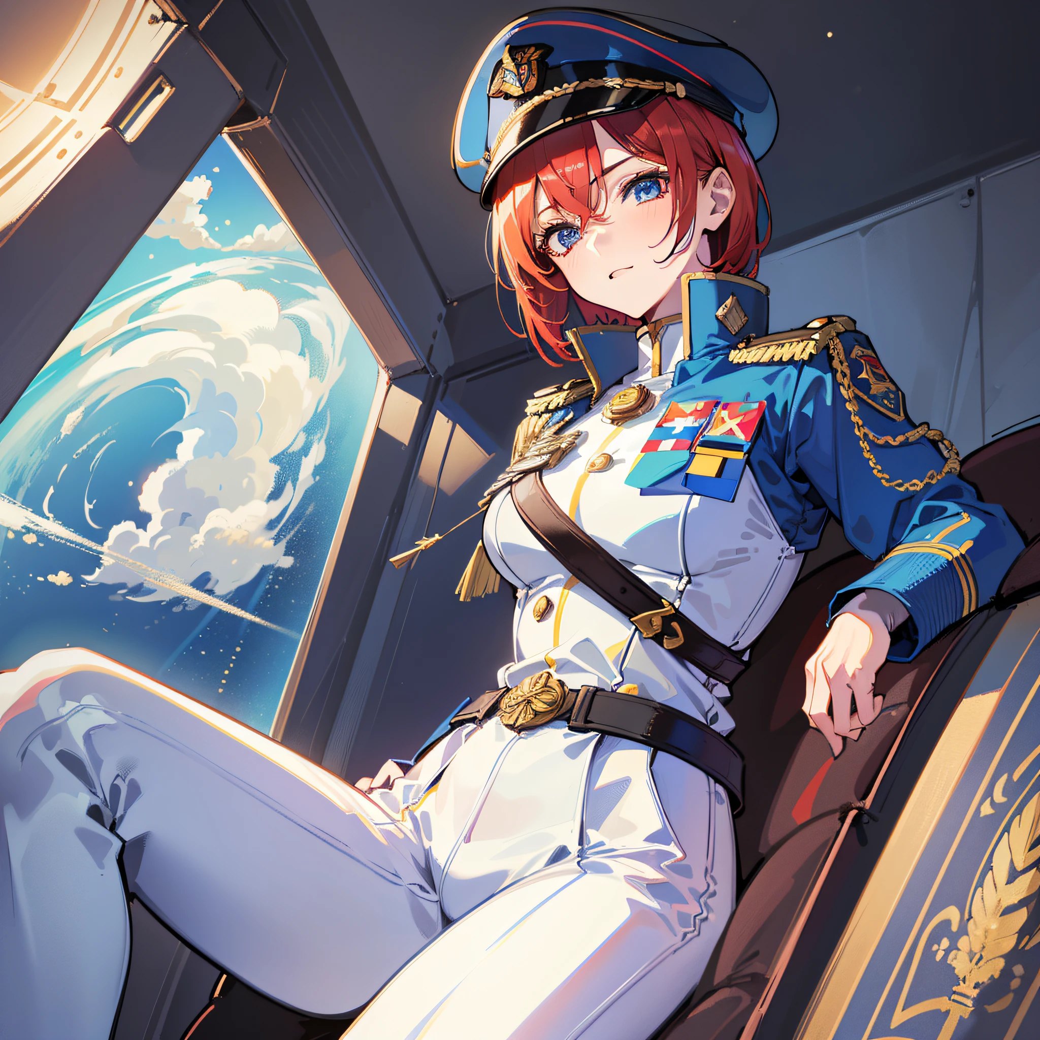 ((Masterpiece)), ((Highest Image Quality)), ((Best Quality)), (Illustration of One Girl), Full Body, 25 Years Old, Short Red Hair, (Thin Hair on Both Sides of Face), Blue Eyes, (((Tall)), ((Muscular Strong Body)), ((Manspreading)), Open Legs, (((Military Uniform)), (Military Hat)), (Military Coat)), (White Clothes), (White Pants), (White Hat), Trench Coat, ((Inside the spaceship, sitting in the captain's seat)), (outside the window, space, Earth seen from space, spaceport)