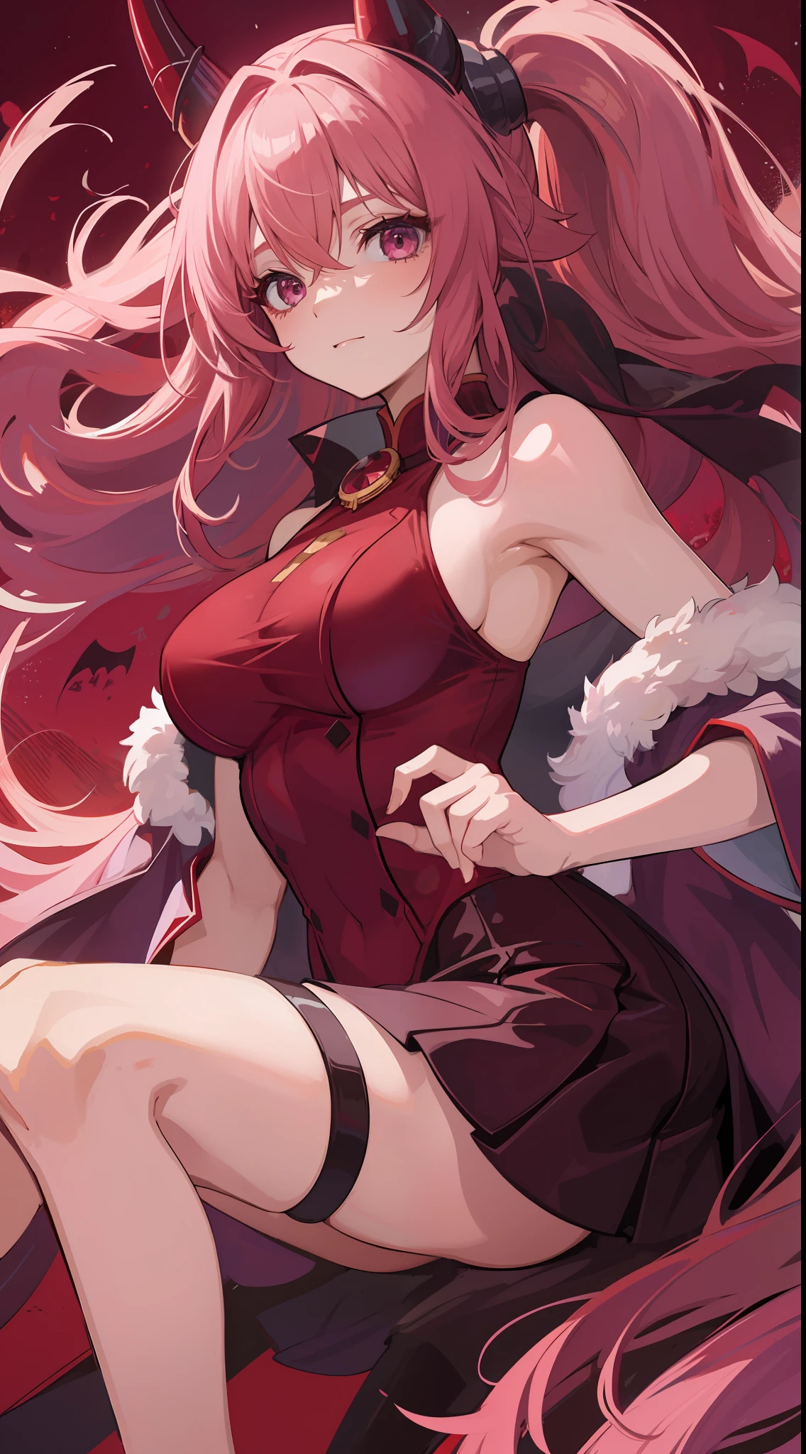 1mysterious girl, long pink hair, red-purple eyes, wearing red queen of demons clothes, red horn