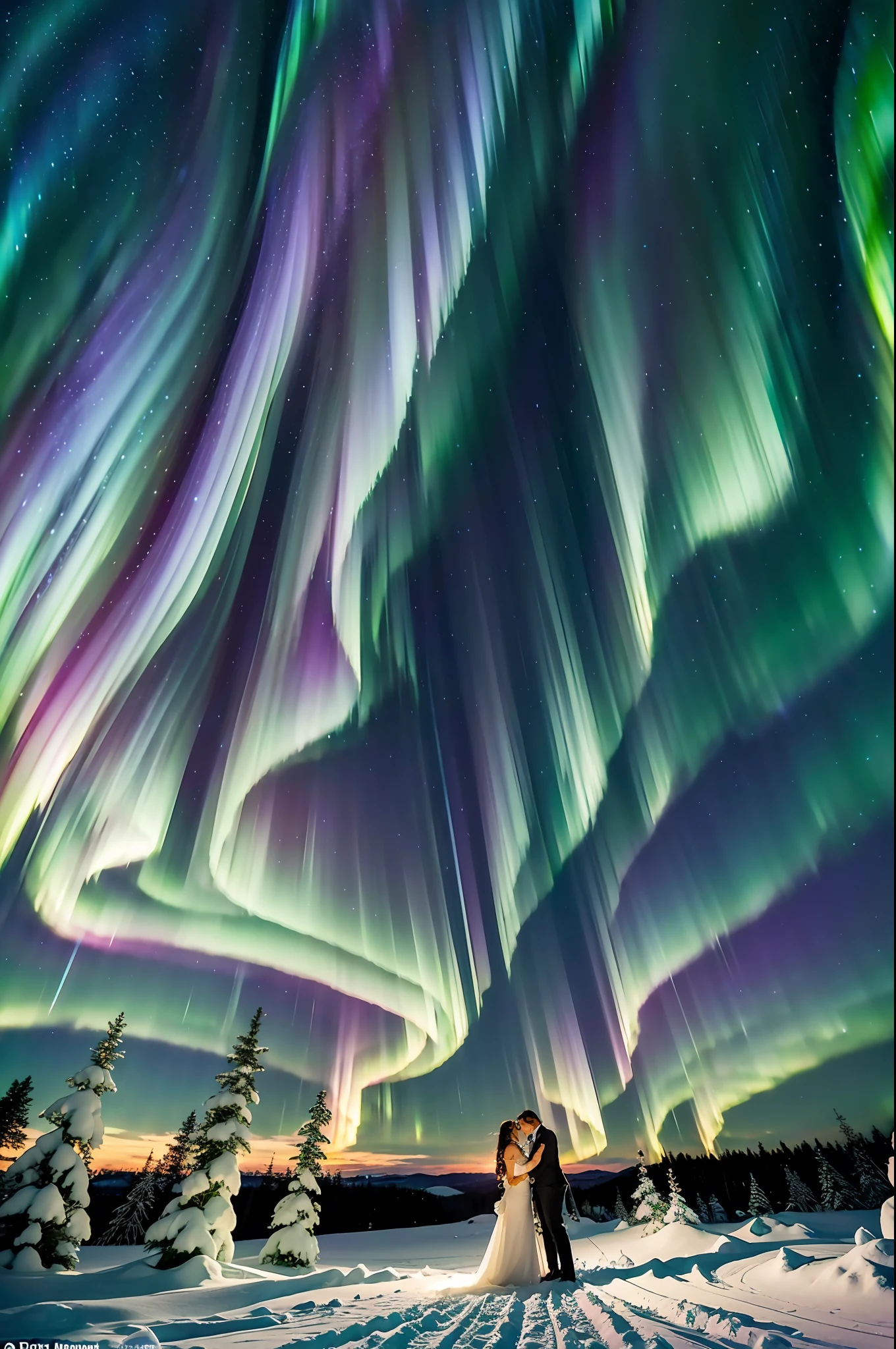 an angel，In the vast expanse of a snow-covered spruce forest, the night sky comes alive with a breathtaking display of the northern lights. The air is crisp and still, carrying with it a sense of anticipation for the ethereal spectacle about to unfold.

As the darkness deepens, streaks of vibrant colors begin to emerge, like brushstrokes across a celestial canvas. Ribbons of emerald green intertwine with hues of violet, casting an otherworldly glow upon the snow-covered landscape below.

The lights shimmer and undulate, as if they are alive, gracefully dancing across the sky. Their movements are fluid and mesmerizing, as if nature itself has choreographed this enchanting performance. They paint the heavens with hues of celestial beauty, transforming the night into a magical realm.

The snow-covered spruce trees stand tall and proud, their branches laden with the weight of glistening snowflakes. The gentle rustling of their boughs creates a symphony of whispers, blending harmoniously with the mystical display above. They stand as silent witnesses, marveling at the spectacle unfolding before them.

As the northern lights reach their crescendo, they cast an enchanting glow upon the snow-covered ground. The pristine white landscape is bathed in hues of shimmering light, creating a surreal and otherworldly atmosphere. The soft glow accentuates the intricate details of each snowflake, turning the forest into a winter wonderland of sparkling beauty.

The air is filled with a sense of awe and wonder as spectators gaze skyward, their faces illuminated by the mesmerizing display. Time seems to stand still, as if the universe has paused to celebrate this breathtaking moment of natural grandeur.

In the midst of this spectacle, one can't help but feel a profound sense of connection to the vastness of the cosmos. The northern lights serve as a reminder of the awe-inspiring wonders that exist beyond our earthly realm, a glimpse into the infinite mysteries of the universe