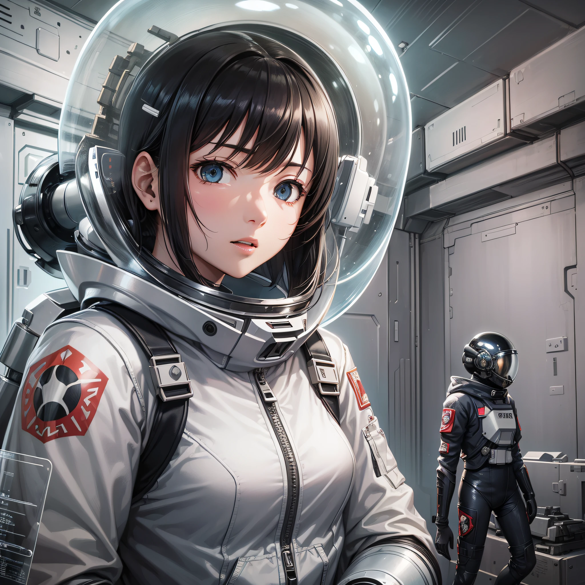 (best quality, hyper detailed:1.2), in nihei tsutomu style, knights of sidonia, 1girl, (spacesuit, no helmet), Planetarium room and projector
