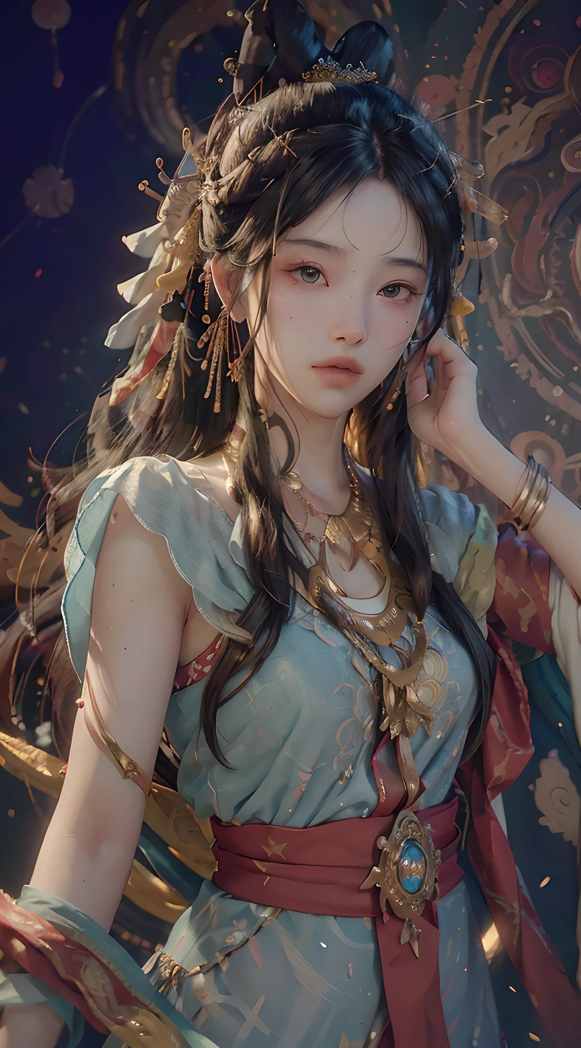 (RAW photo, best quality), (realistic, photo-realistic:1.3),best quality,highly detailed,masterpiece,ultra-detailed,illustration,1girl,upper_body,dynamic angle,world masterpiece theater,messy_long_hair,best quality,extremely detailed CG unity 8k wallpaper,ink,Amazing,cinematic lighting,lens_flare, dunhuang_style