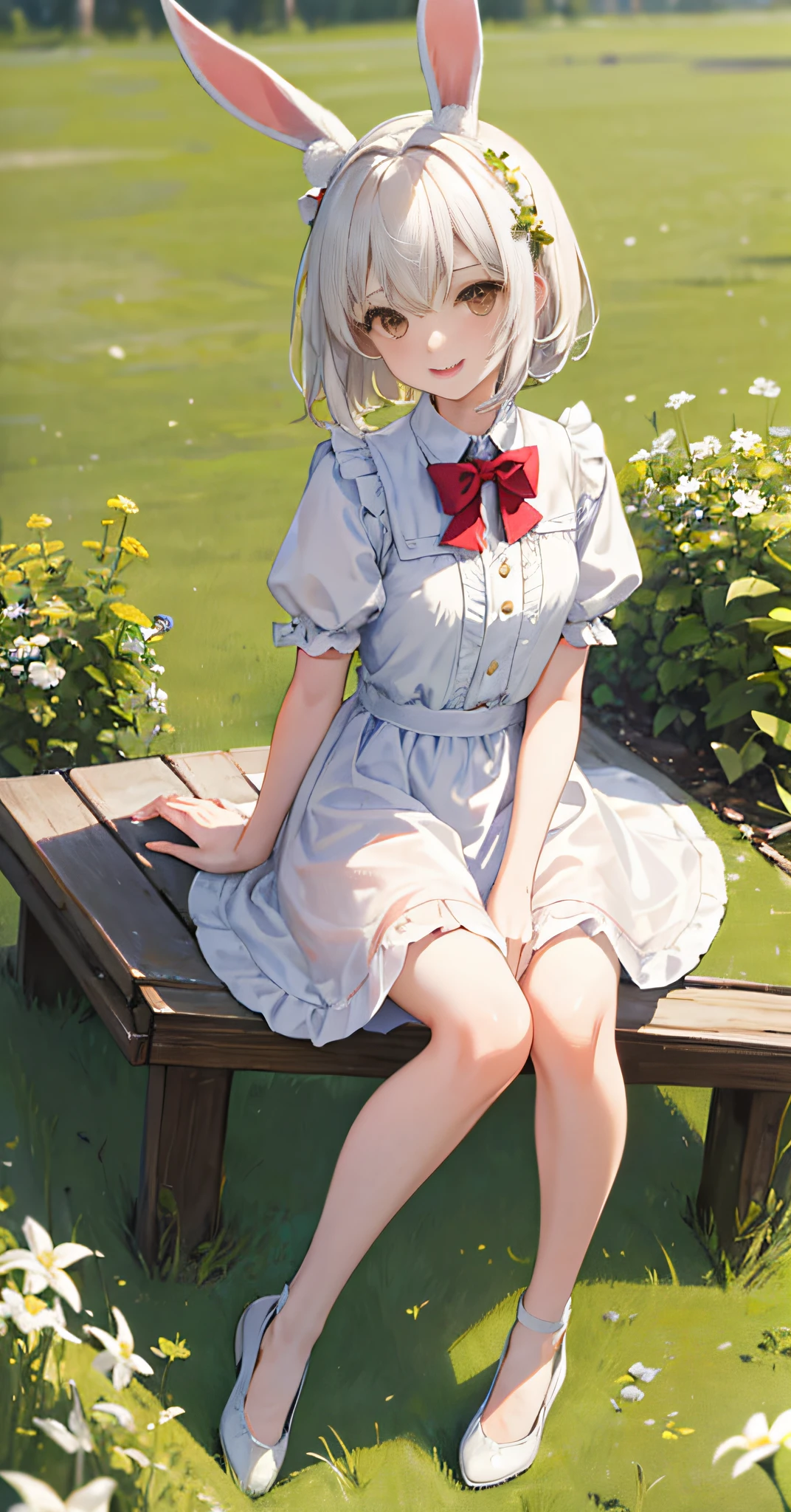 ((masterpiece, best quality)),1girl, solo, animal ears, bunny, barefoot, knees up, skirt, slender legs, small white shoes, sitting position, rabbit ears, short sleeves, looking at the audience, grass, short hair, smile, white hair, puff sleeves, outdoor, puff sleeves, bangs, on the ground, full body, animal, white dress, sunlight, brown eyes, mottled sunlight, daytime, depth of field