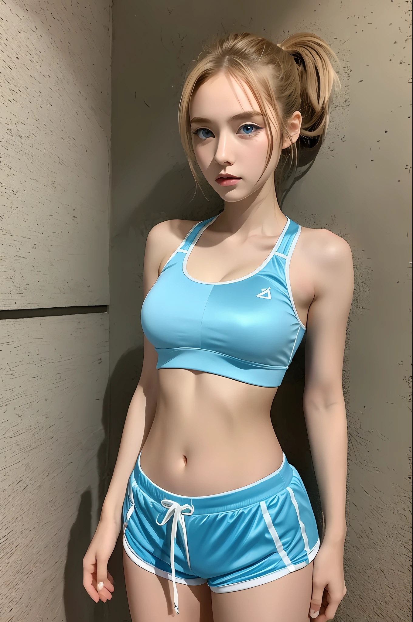 full body, girl , realistic, ((blue eyes)), ((wearing sports shorts and sports bra)), clear, ((shiny skin)), (black eyeliner), detailed facial features, ((wingz eyes)), looking_at_viewer, (sexy body 1.1), ((medium breasts)), blonde, high ponytail, detailed, masterpiece, high quality, realistic, very detailed face, 4k, full body, short girl
