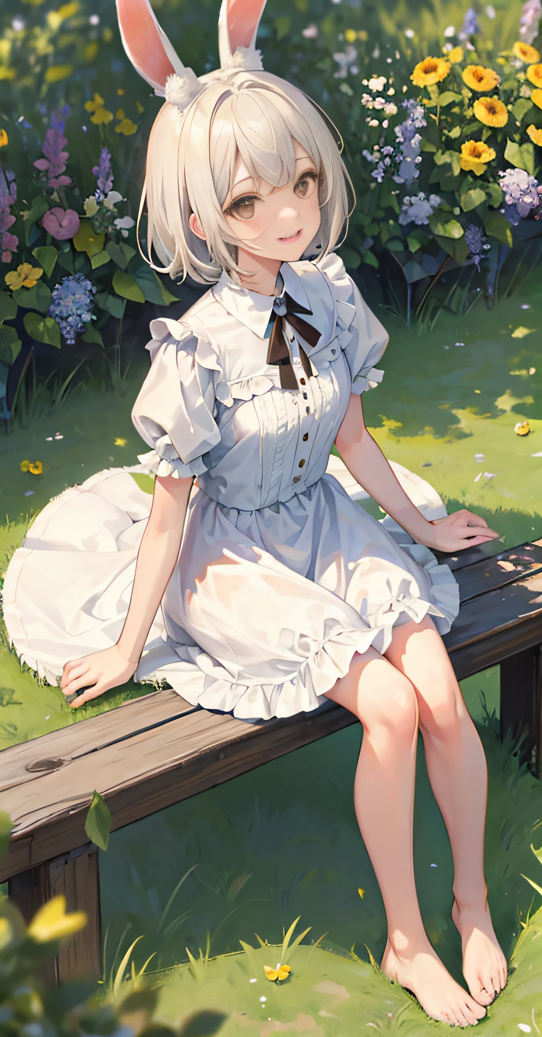 ((masterpiece, best quality)),1girl, solo, animal ears, rabbit, barefoot, slender legs with knees up, skirt, sitting, rabbit ears, short sleeves, looking at the audience, grass, short hair, smile, white hair, puff sleeves, outdoors, fluffy short sleeves, bangs, on the ground, full body, animal, white dress, sunlight, brown eyes, mottled sunlight, daytime, depth of field