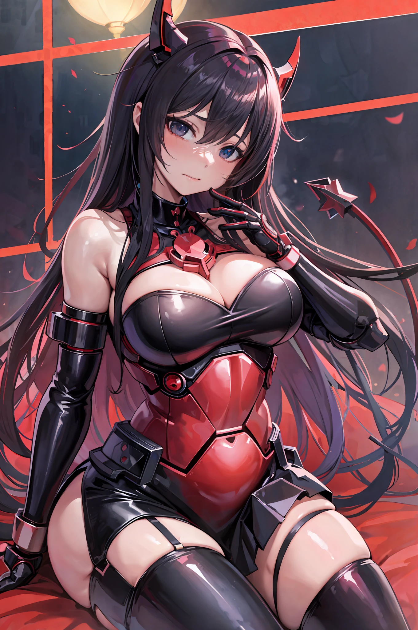 anime girl in black and red outfit sitting on a bed, best anime 4k konachan wallpaper, seductive anime girl, badass anime 8 k, thicc, oppai cyberpunk, biomechanical oppai, fine details. anime. tentacles, 8k high quality detailed art, anime style 4 k, 4k anime wallpaper, demon anime girl