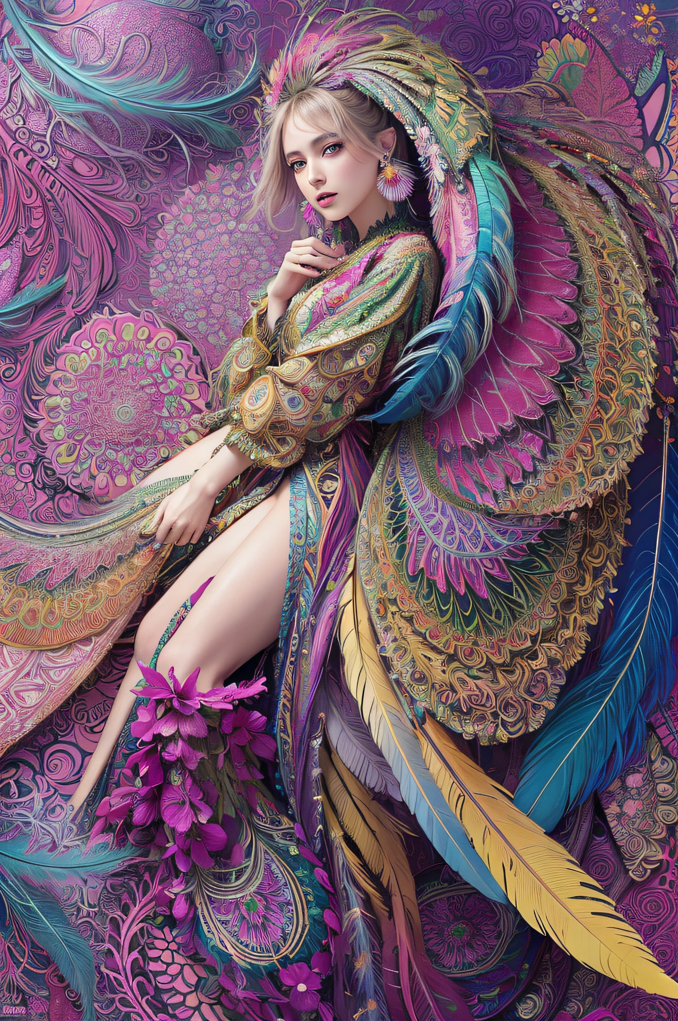 (masterpiece, top quality, best quality, official art, beautiful and aesthetic:1.2), (1girl:1.3), extremely detailed,(fractal art:1.1),(colorful:1.1)(flowers:1.3),highest detailed,(zentangle:1.2), full body, (abstract background:1.3), (shiny skin), (many colors:1.4), ,(earrings), (feathers:1.5),