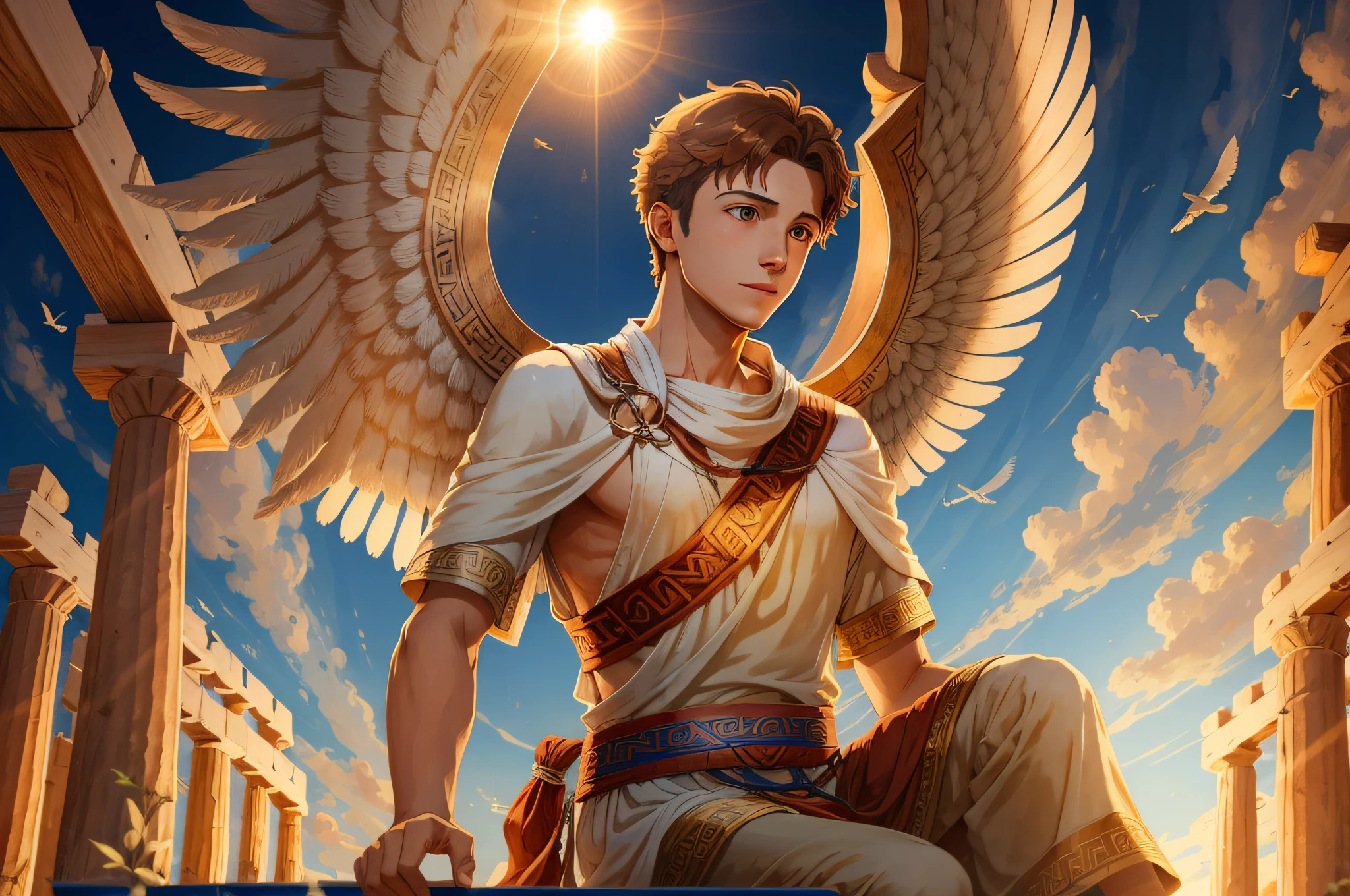 A young man in a Greek tunic with wooden wings flies to the sun
