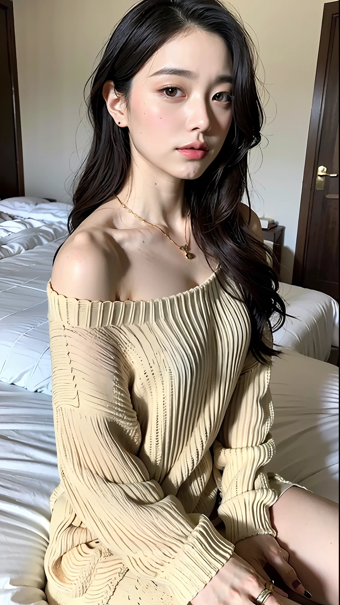 (Best quality, 8k, 32k, masterpiece, UHD: 1.2), photo beautiful Japanese woman, room, exquisite facial features, perfect figure, shoulder-length hair, full body photo, oversized_sweater, necklace, simple background, from above, looking at the viewer,