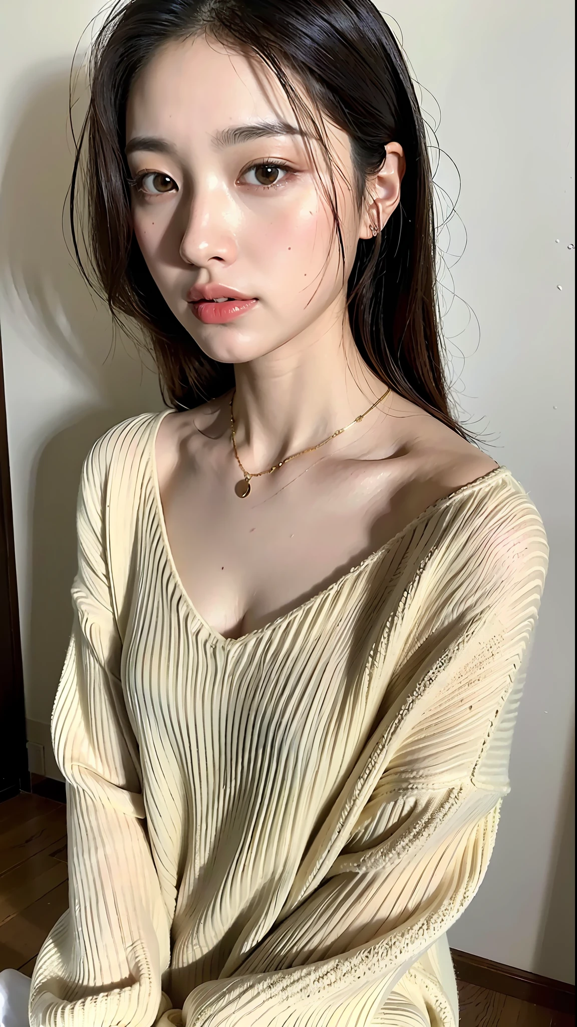 (Best quality, 8k, 32k, masterpiece, UHD: 1.2), photo beautiful Japanese woman, room, exquisite facial features, perfect figure, shoulder-length hair, full body photo, oversized_sweater, necklace, simple background, from above, looking at the viewer,