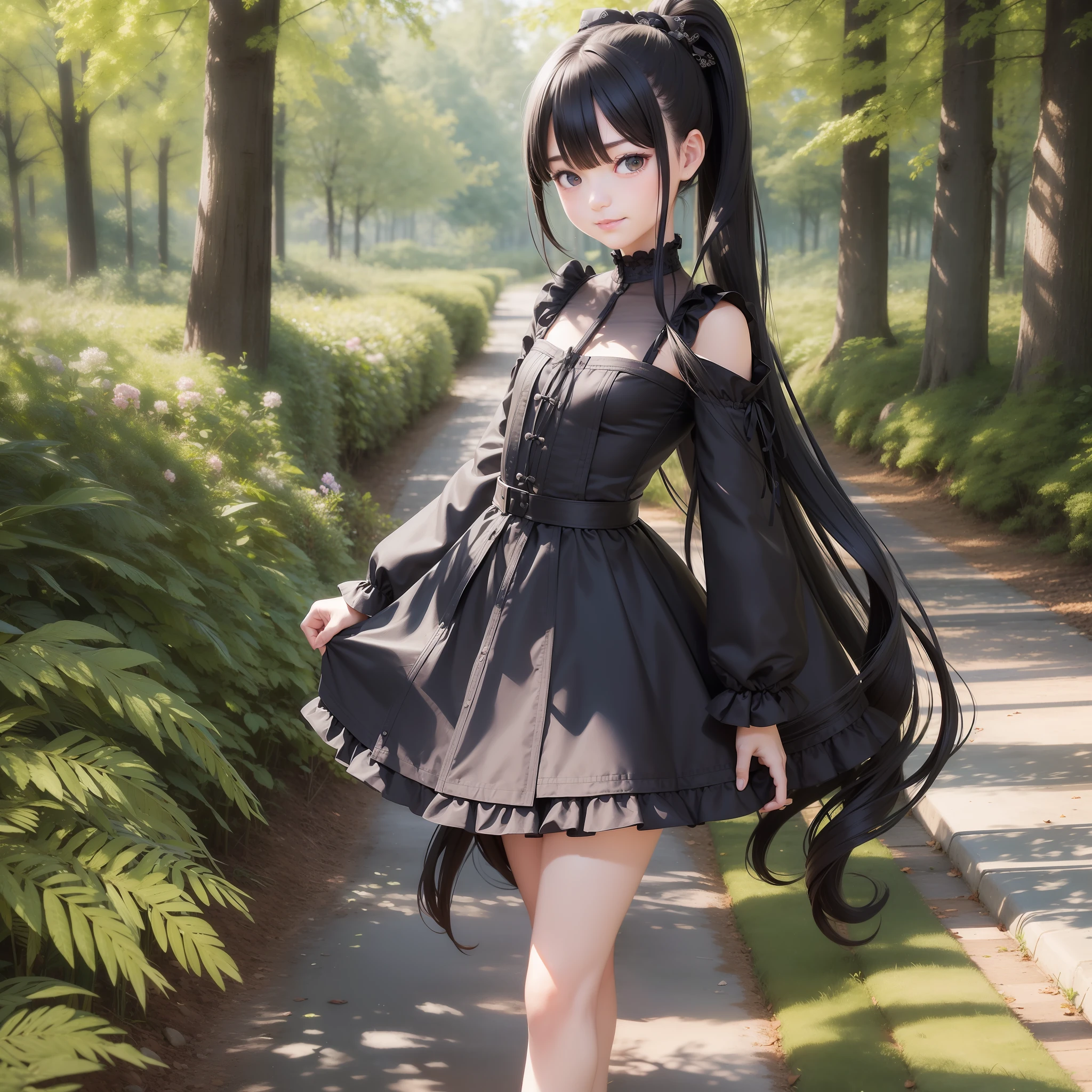 (8K, Best Quality, Masterpiece: 1.2), (Realistic, Realistic:1.37), Super Detailed, 1 Girl, Cute and Beautiful Detailed Sky, Medicine Garden Background, Forest Vista, (Nose Red), (Smile: 1.15), Shut Up, Angry, Crazy, Tsundere, Flat Chest, Lori, Black Hair, Double Ponytail, Beautiful Delicate Eyes, Long Black Hair, Grabbing Hair, Long Hair, Black Costume Long Dress, Puffy Skirt, Double Ponytail, Double Ponytail, Two Ponytails, Loli, Little Girl, Black Double Ponytail, Full Body Portrait.