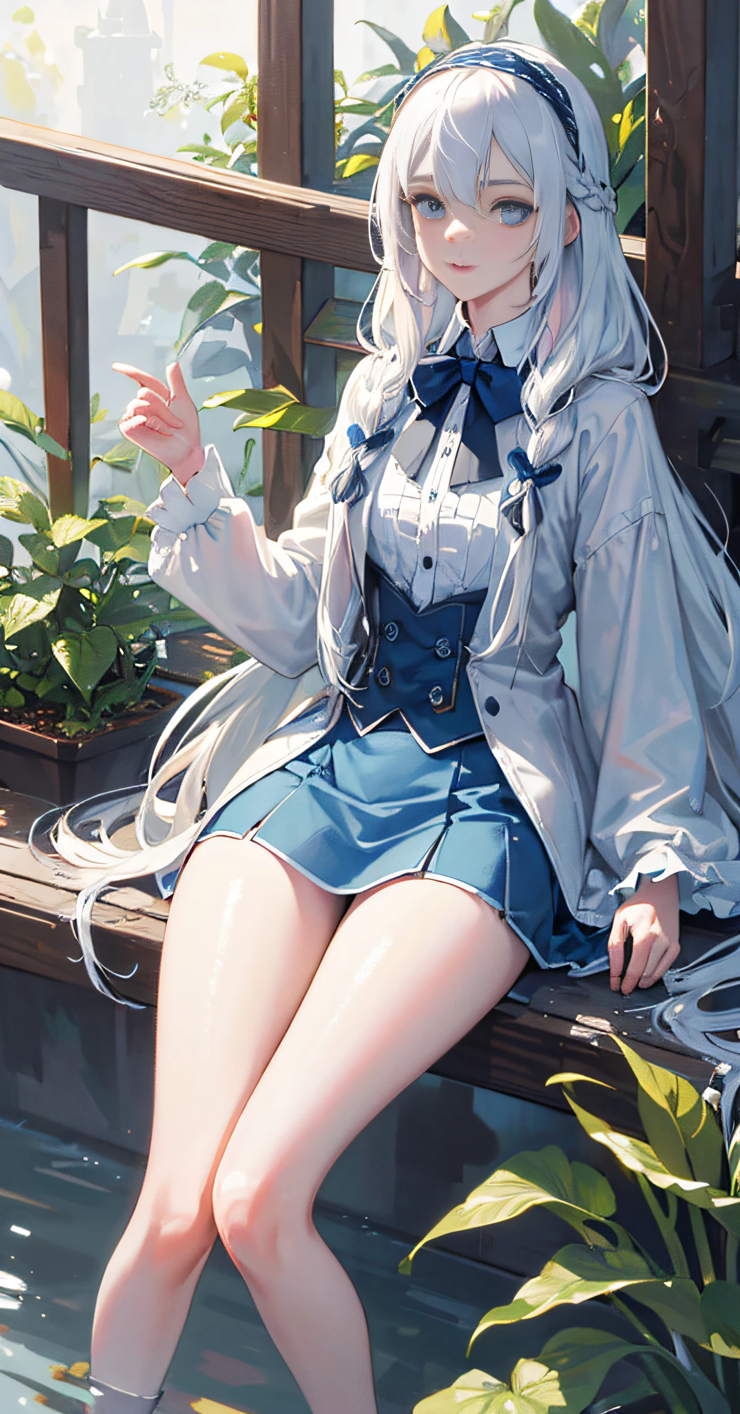 (Masterpiece, Best Quality), (1 girl with long white hair, beautiful blue eyes, headband, collared shirt, barefoot, slender legs, French braids, plants), (multicolored_hair:1.2),blue_hair|(white_hair:1.3), long_hair, petite, cute, outdoor, steampunk, (underwater: 1.2), pillow, (fantasy, zero gravity, hair floating in water), volumetric lighting, delicate eyes, hyper-detailed, highly detailed, beautiful, small detail, ultra-detailed, best quality, intricate, surreal, sharp, digital illustration, detailed, realism, intricate, 4k, 8k, trend in artstation, good anatomy, beautiful lighting, award-winning, realistic, realistic shadows, realistic lighting, beautiful lighting, ray tracing, complex detail, rule of thirds, masterpiece, (illustration: 1.1), high resolution, (very detailed CG, unity, 8k wallpaper:1.1), beautiful face, highly detailed face, super realistic, masterpiece, bokeh, very detailed, intricate, zoomed, colorful, vivid colors, perspective, backlight, detailed background