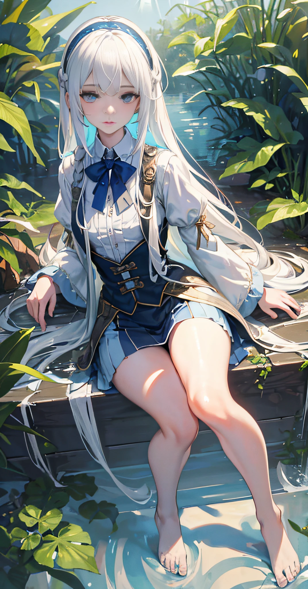 Anime girl sitting on a bench in a garden with a pond - SeaArt AI