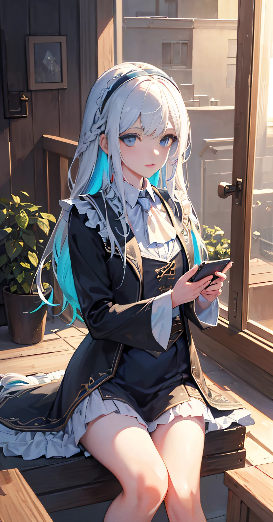 (Masterpiece, Best Quality), (1 girl with long white hair, beautiful blue eyes, headband, collared shirt, barefoot, slender legs, French braids, plants), (multicolored_hair:1.2),blue_hair|(white_hair:1.3), long_hair, petite, cute, outdoor, steampunk, (underwater: 1.2), pillow, (fantasy, zero gravity, hair floating in water), volumetric lighting, delicate eyes, hyper-detailed, highly detailed, beautiful, small detail, ultra-detailed, best quality, intricate, surreal, sharp, digital illustration, detailed, realism, intricate, 4k, 8k, trend in artstation, good anatomy, beautiful lighting, award-winning, realistic, realistic shadows, realistic lighting, beautiful lighting, ray tracing, complex detail, rule of thirds, masterpiece, (illustration: 1.1), high resolution, (very detailed CG, unity, 8k wallpaper:1.1), beautiful face, highly detailed face, super realistic, masterpiece, bokeh, very detailed, intricate, zoomed, colorful, vivid colors, perspective, backlight, detailed background