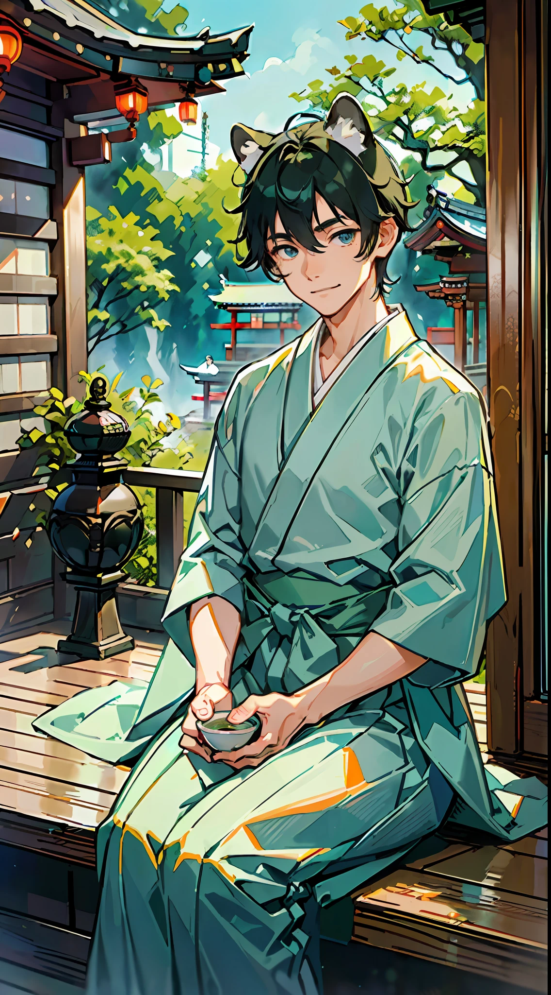 ((Masterpiece: 1.4, best quality)), one boy, green and short hair and eyes, (Japan priesthood, white and light blue hakama: 1.3), gentle smile, raccoon dog ears and tail, sitting on the porch and drinking tea, the background is a temple in Kyoto.
