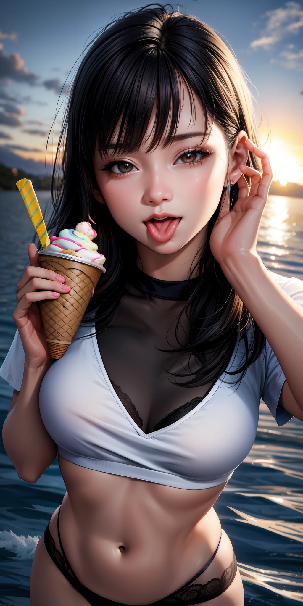 realistic, face enhancement, face zoom, woman, mouth wide open, tongue out, ice cream licking, sexy, sea, sunset