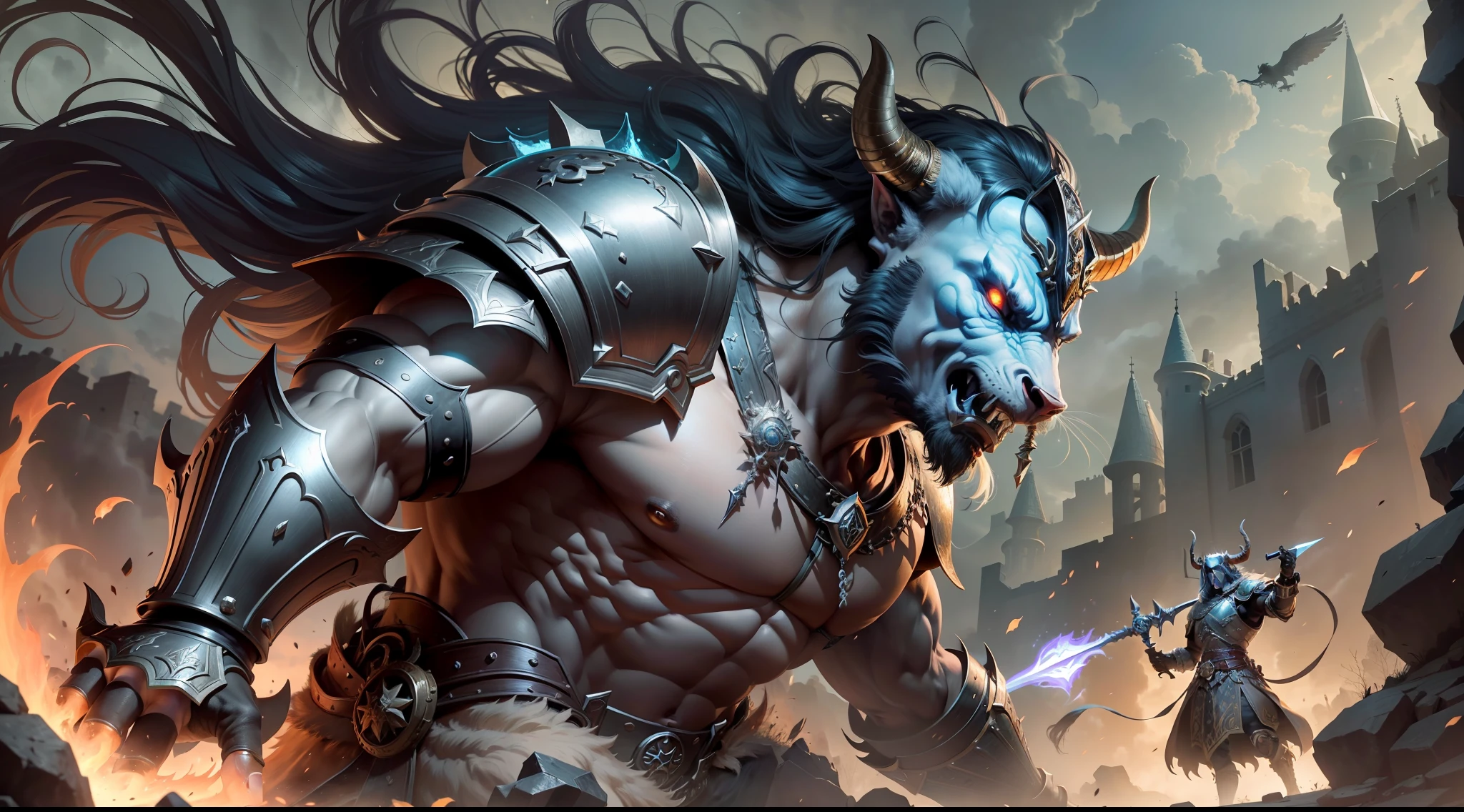 Zoom in on the scene where a majestic and imposing Minotaur stands at the entrance of a dark and ominous labyrinth. The Minotaur's massive, muscular body is covered in coarse fur, its head crowned with sharp horns that glint in the dim light. Its eyes glow with a fierce intensity as it faces a brave knight clad in gleaming armor, the embodiment of courage and chivalry. The knight raises a sword and shield, ready to face the daunting challenge that lies ahead. The labyrinth itself is shrouded in mystery, its stone walls adorned with ancient carvings and symbols. The air is heavy with tension and anticipation, as the clash between myth and valor is about to unfold. This scene is portrayed in a highly detailed illustration style, combining elements of fantasy and realism, capturing the intensity and contrast between the two figures
