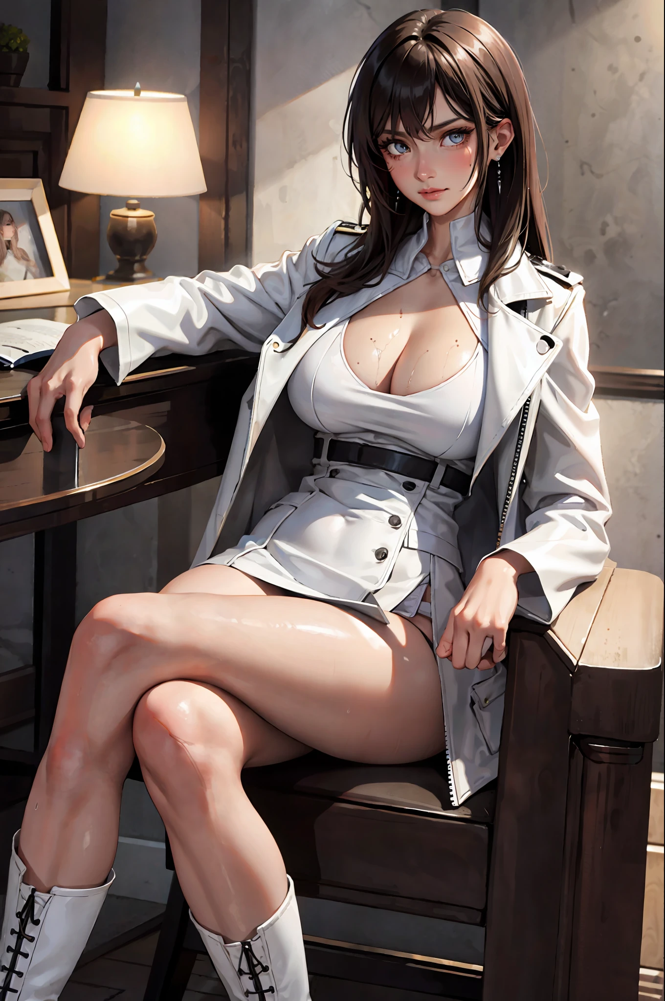 Female commander on the battlefield, cool, smart and beautiful woman, high resolution, 8k, high detail, super detail, textured skin, anatomically correct, plump, big, most beautiful big eyes, long eyelashes, looking at the camera, 8k, HDR, rtx, best quality, masterpiece, absurdity, beautiful muscular mature mysterious woman, masterpiece, (big, wet body, with presence, attractive face, big eyelashes , shiny skin, 20 years old, blush, sexy) earrings, background blurred, professional lighting, cleavage, white leather jacket on top, white shirt, black skirt, black boots, black high boots, high heel boots, long legs, sitting on a chair cross-legged, white lace panties, light wavy hair, narrow eyes, dark brown hair, bangs,