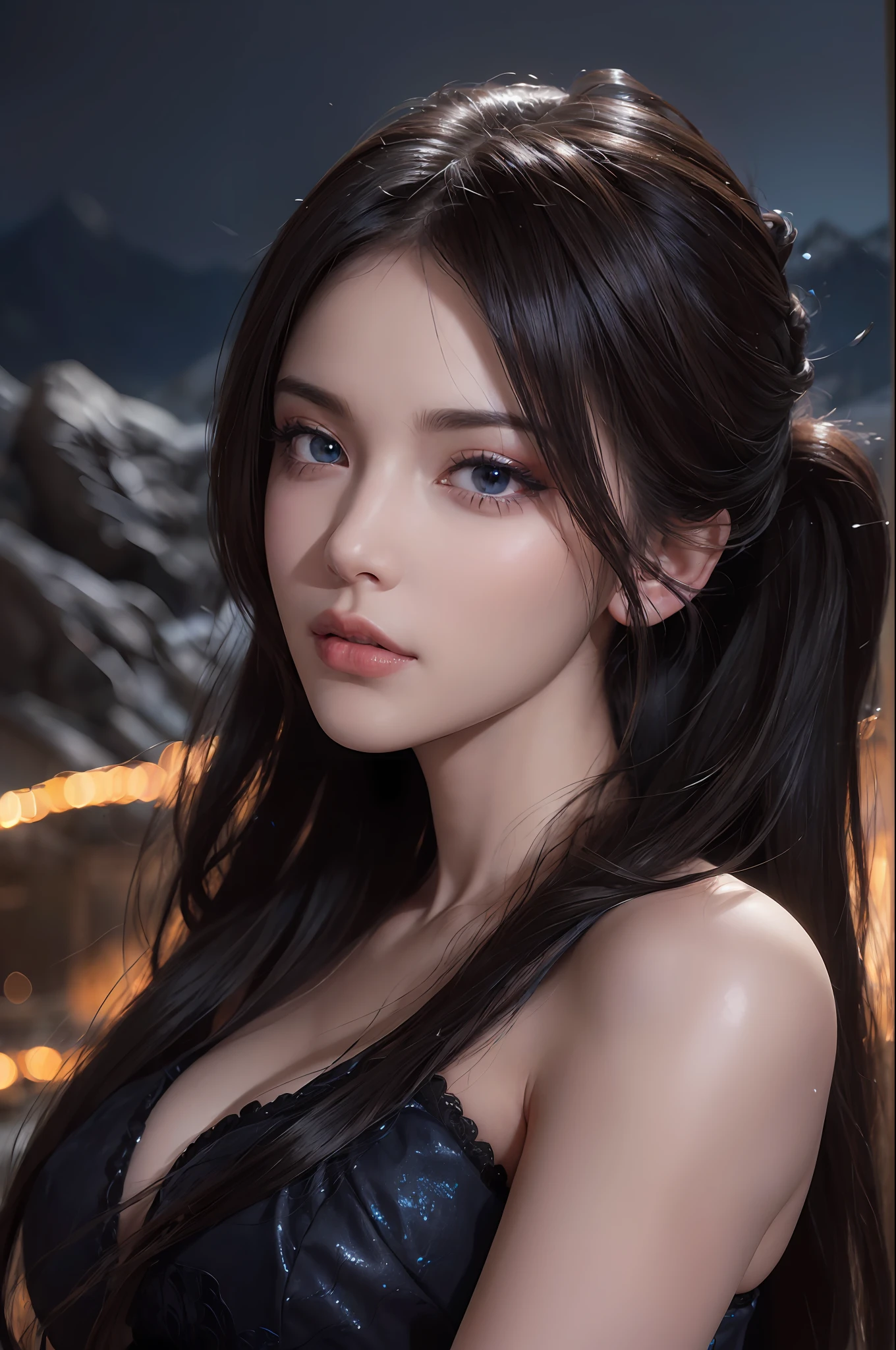 (skindentation:1.5), Realistic, Photorealistic, (masterpiece:1.5), concept art, intricate details, highly detailed, photorealistic, octane render, 8k, unreal engine, dynamic pose, best quality, highres, (realistic face:1.1), (hyperrealistic:1.1), ((full_body)), perfect eyes,(shiny skin:1.2), (((hairstyle))), (((perfect hands))), (extremely detailed background), ((dynamic background)), (light rays), ((detailed eyes, high quality eyes, high quality face)), (((flowing hairstyle))), epic, depth of field, bokeh, 4k, gothic, mountain background, lightning, glowing blue iris, at night,