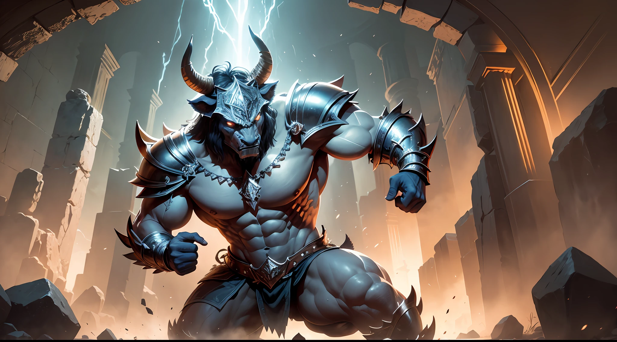 Zoom in on the intense confrontation between a formidable Minotaur and a knight in shining armor at the entrance to a labyrinth. The Minotaur, with its hulking and monstrous physique, stands tall and dominant, exuding an aura of primal power. Its snarling face is a blend of human and bull features, conveying a mix of fury and primal instinct. The knight, fully clad in intricate armor, wields a gleaming sword and shield, their posture displaying unwavering determination. The labyrinth's entrance is adorned with ancient, weathered stones, hinting at the treacherous and mysterious path that lies within. Shadows dance in the flickering torchlight, heightening the atmosphere of danger and suspense. This scene is rendered in a realistic and dramatic painting style, using bold brushwork and contrasting light and shadow,