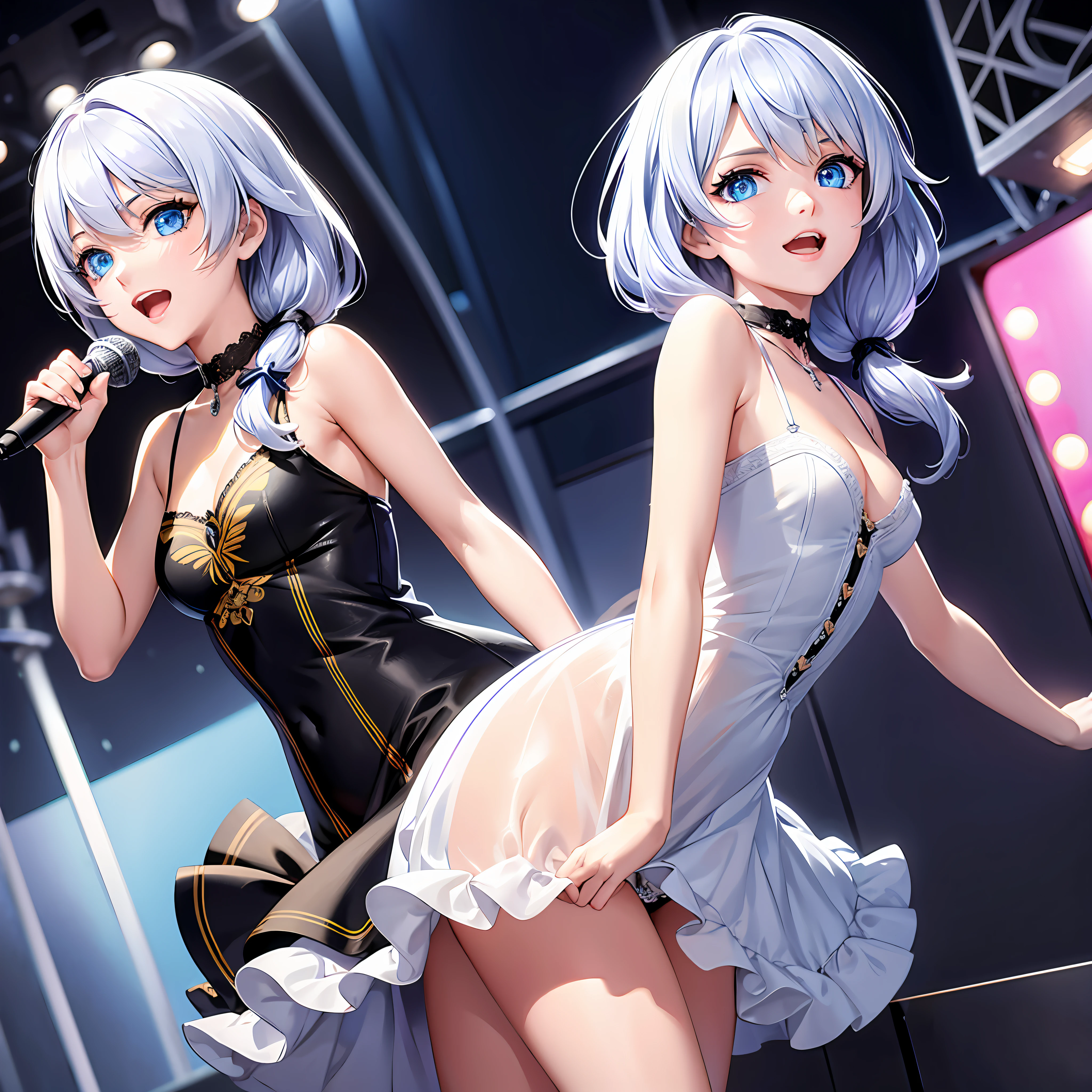 Illustration, cinematic light, high resolution, best quality, ultra detailed, detailed face, (detailed eyes), highest quality, super detailed, masterpiece, (detailed face), pretty face, best smile, sexy mature woman transparent (cute t-shirt) cloth, floating cloth, see-through, choker, , D cup, cleavage: 2, NSFW, high heels, blue eyes, neon small shiny hair edges, ruffled mini skirt, AI fantasy concert, glowing lighting with neon details, holding a microphone in left hand and singing: 15, black magic 💕, (live stage: 1.15) in the background audience, butt sticking out and singing, light reflection, heart-shaped iris, playful eyes, open shoulders, rain, (wet body), small glowing butterfly, hair jewelry, panties, (cute embroidered white string panties)