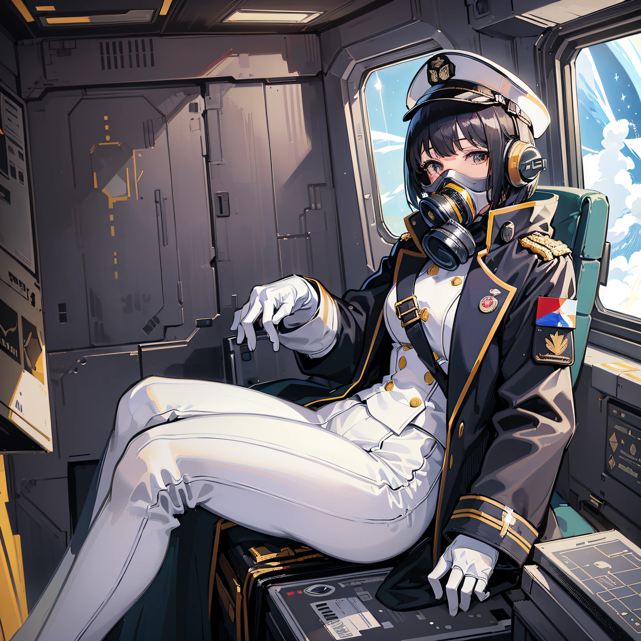 ((Masterpiece)), ((Best Quality)), ((Best Quality)), (Illustration of One Girl), Full Body, 25 Years Old, (Admiral), Black Hair Bob Cut, (((Gas Mask Covering Face)), Gray Eyes, (Tall)), ((Military Uniform)), ((Military Uniform)), (Military Hat)), ((Army Coat)), (White Clothes), (White Pants), (White Hat), Trench Coat, (((Inside the Spaceship, Sitting on the Captain's Seat)) , (outside the window, space, earth seen from space, spaceport)