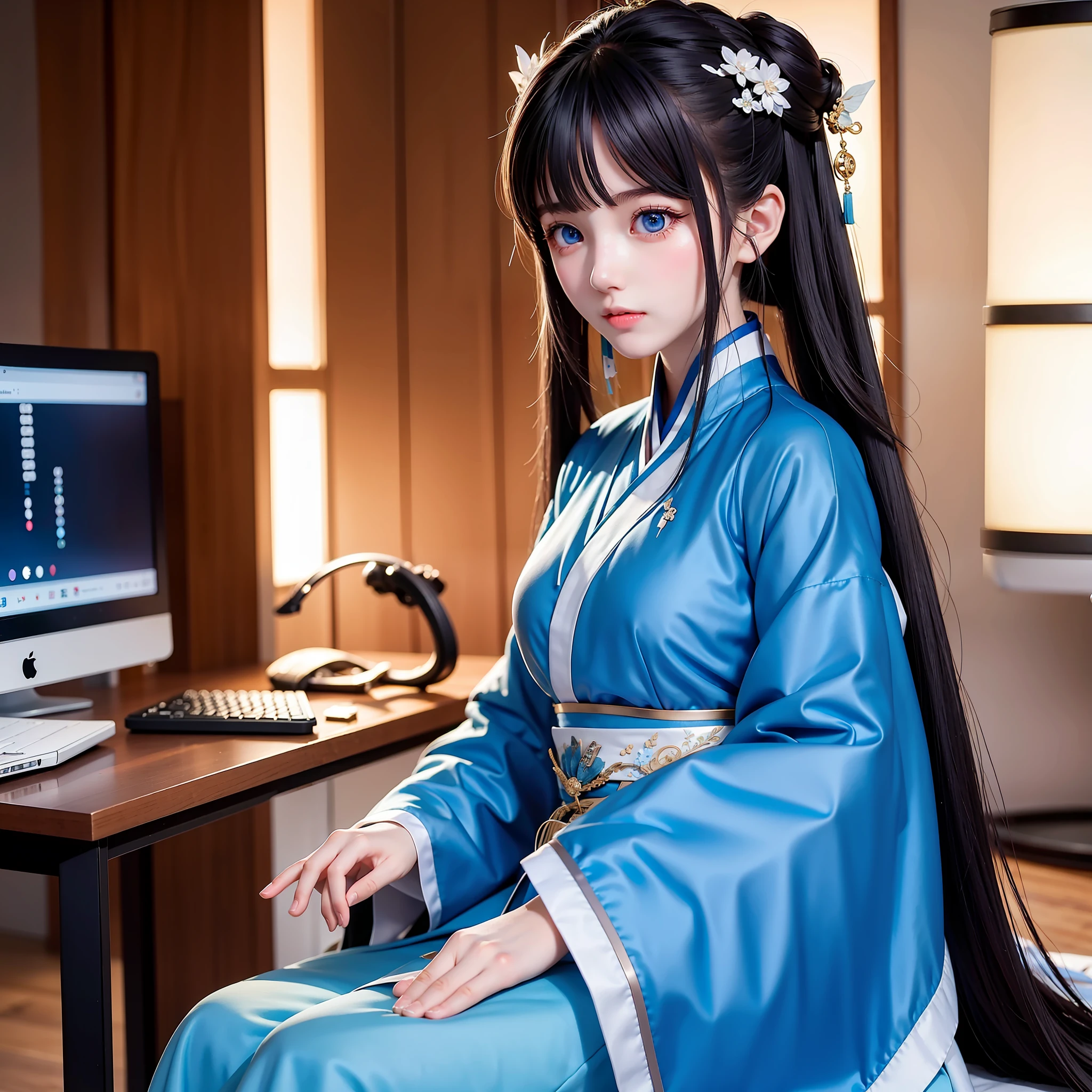 A 16-year-old girl, with big blue eyes, long black hair, and Hanfu, was sitting in front of a computer screen, in the room