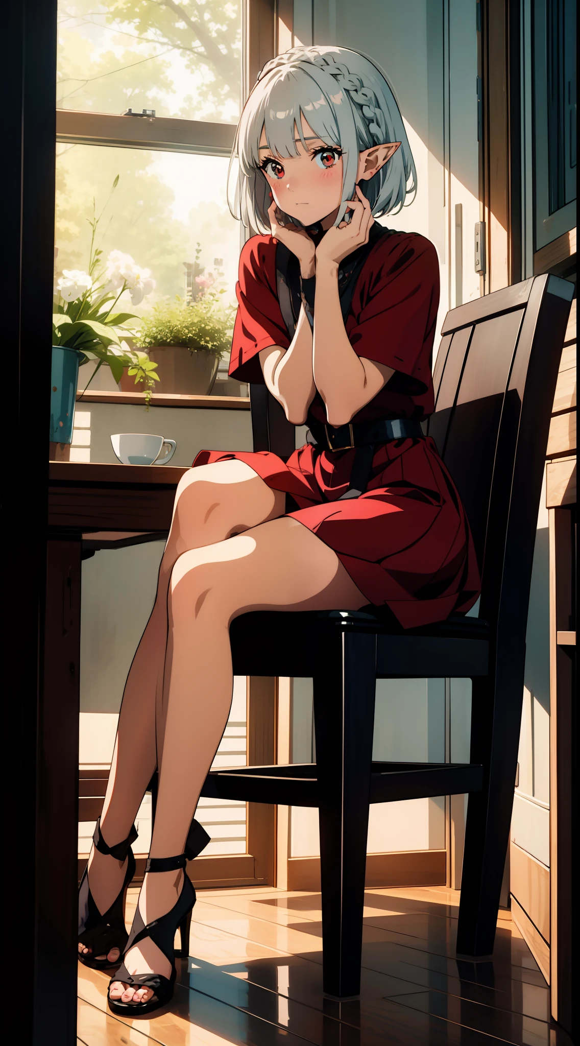 1 Girl closeup, elf, silver hair, red eyes, bob cut, braid, hands together in front of face, sitting on chair, embarrassed, blush, concept art, beautiful anime scene, beautiful anime landscape, top rated on pixiv, best quality, 4K