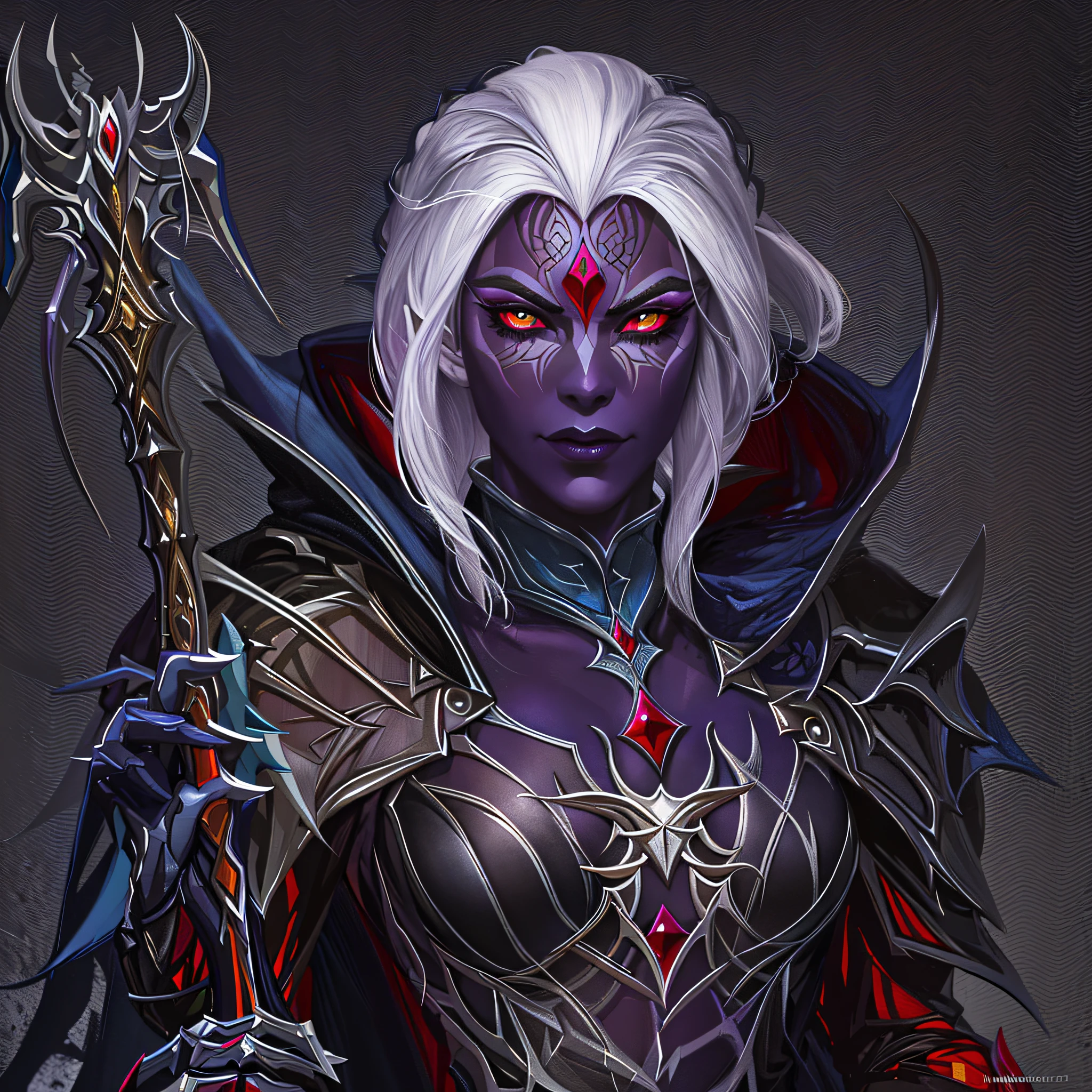 a close up of a person with a sword and a spider on their arm, drow, perfect drow, drow ranger, handsome drow, female drow elf, dark elf, dark elf princess, lolth, beautiful dark elf countess, dark elf maiden, portrait of a female elf warlock, male drow, beautiful male drow