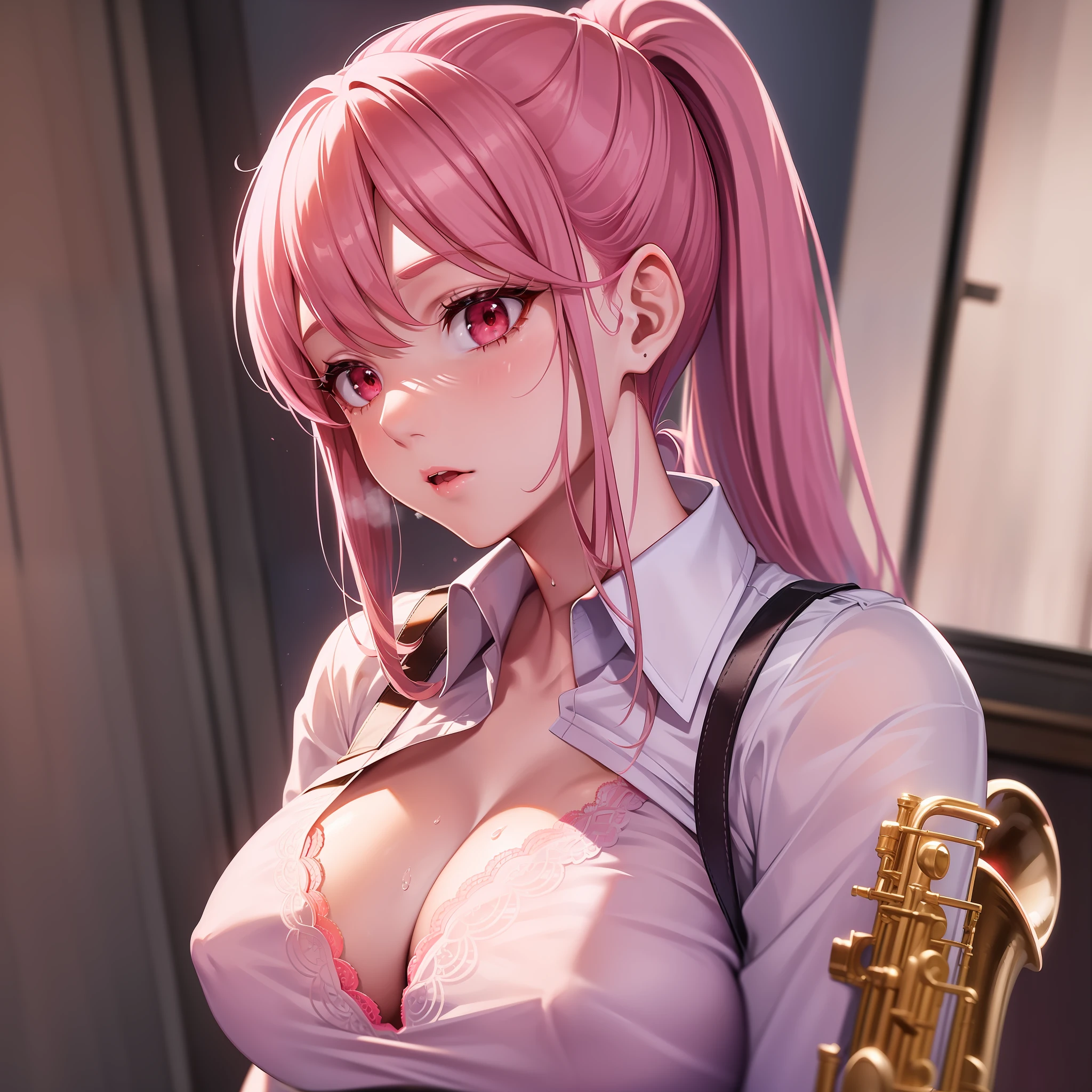 Solo, Delicate Face, Long Eyelashes, Narrow Eyes, (High Ponytail: 1.3), (Red Eyes: 1.3), (Pink Hair and White Mesh: 1.2), Big Cleavage, Slim, Tartan Check, Music Room, Angle from Top, Uniform, White Shirt, Blue Lace Bra, Blowing Realistic Saxophone, Sweat, Nipples