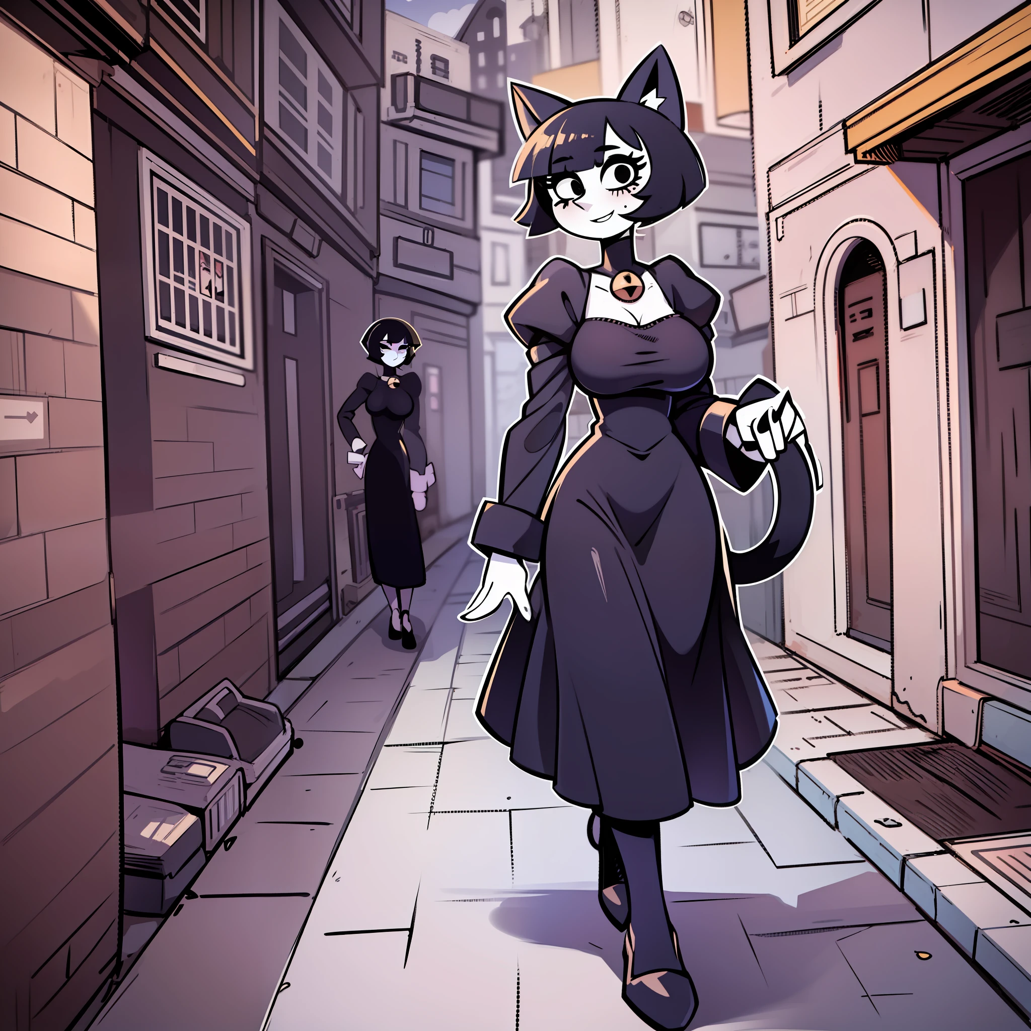 catgirl, short hair, black hair, cat ears, long nose, pale skin, long dress, black dress, victorial clothes, walking, portrait, 1character, medieval village, goth, no comic, huge breast, black eyes