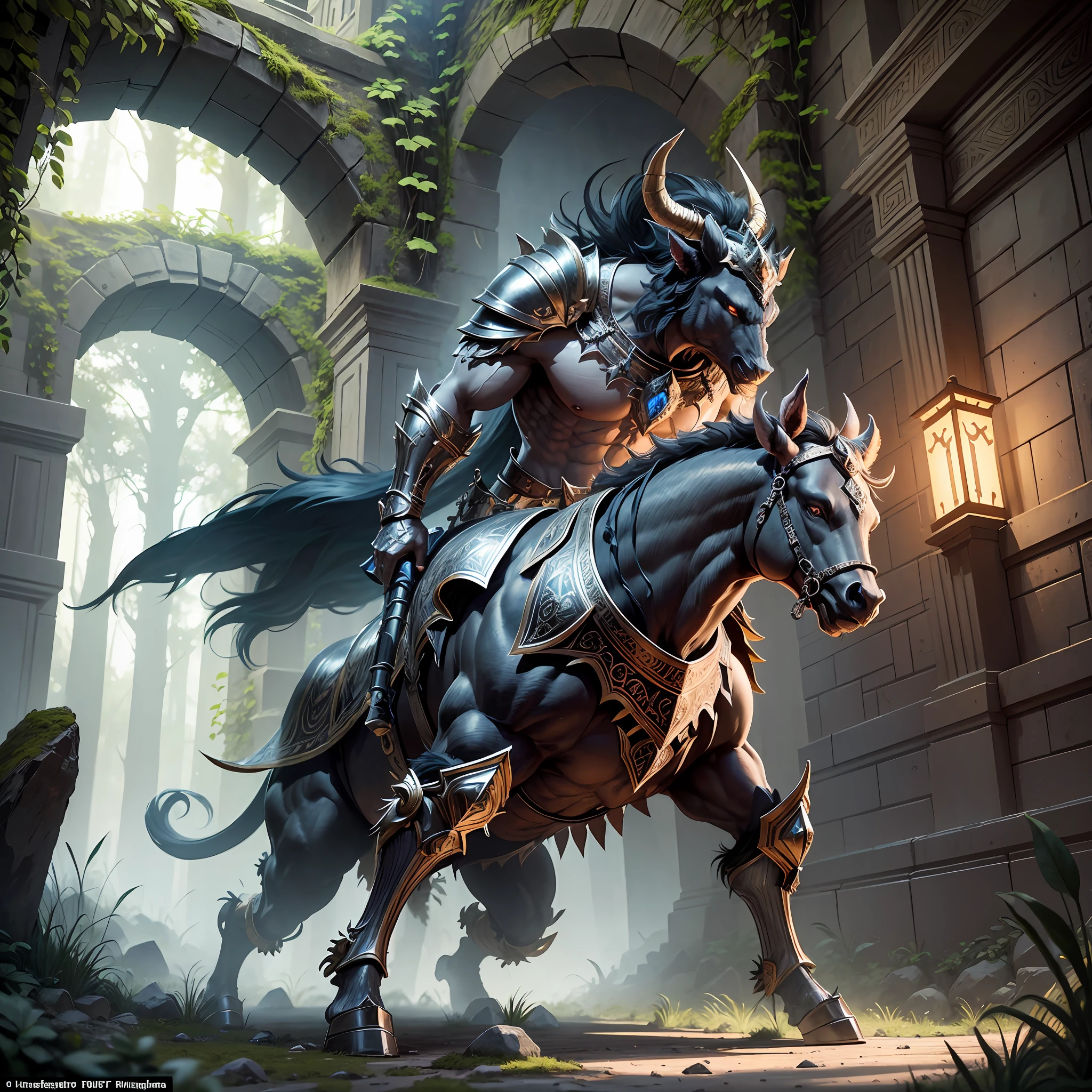 Zoom in on the mesmerizing encounter between a fierce Minotaur and a knight in armor, positioned at the entrance of a labyrinth. The Minotaur, with its imposing presence, embodies both strength and ferocity. Its muscular body is covered in coarse fur, and its piercing eyes lock onto the knight, emanating an air of primal challenge. The knight, adorned in ornate armor, raises a weapon, ready to face the mythical creature head-on. The labyrinth's entrance is crafted from ancient, moss-covered stones, its dark passages lurking behind. The air is heavy with anticipation, as the clash between the beast and the knight is about to unfold. This scene is depicted in a highly detailed sculpture style, with intricate textures and dynamic poses capturing the tension between the two adversaries,