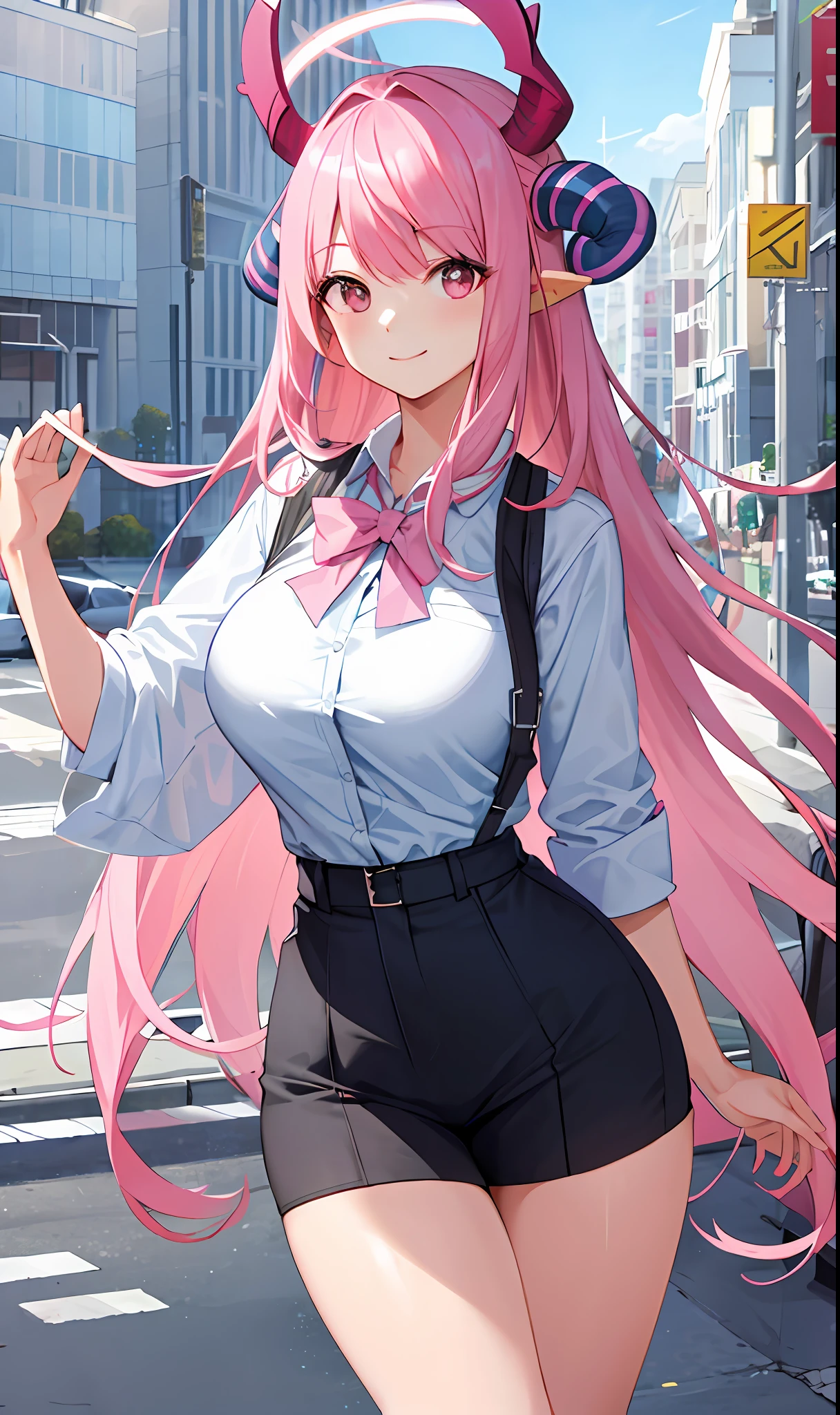 ((Masterpiece, Best Quality)), (1 person), (()), Pink Hair, Hello, Horn, (OL)), Bangs, Medium, (Breast Augmentation), Slim, Smile, [Wide Hips], Office, Standing, There \ (Blue Archive)
