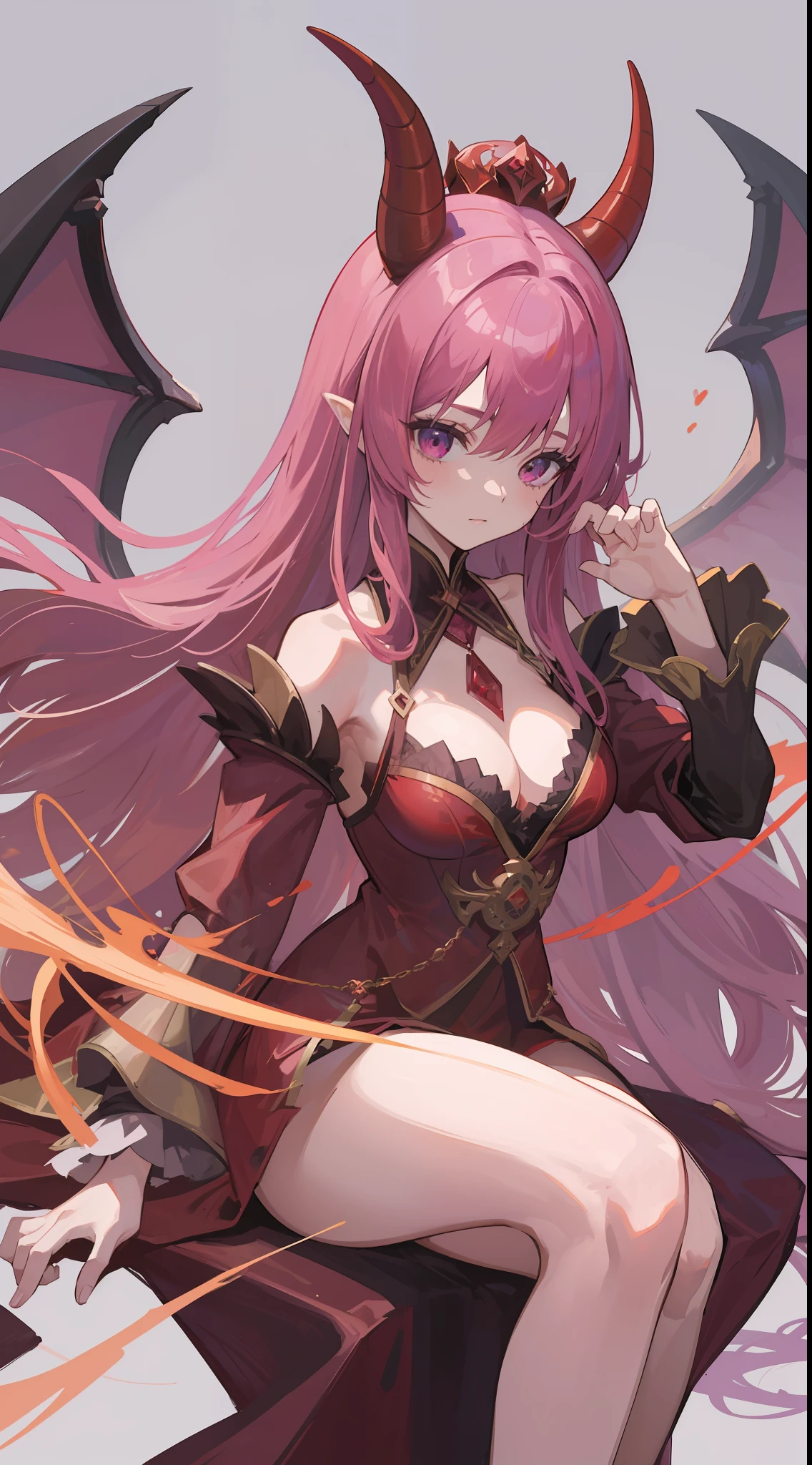 1mysterious girl, long pink hair, red-purple eyes, wearing red legendary crown robe, red horn, she is queen of all demons